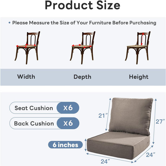 6" Thicker Outdoor Chair Cushion 6 Sets - 24" *24" *6" Waterproof Patio Furniture Cushions with Removable Cover, 28D High Density Sponge Filling Thicken Outdoor Patio Cushions - Grey
