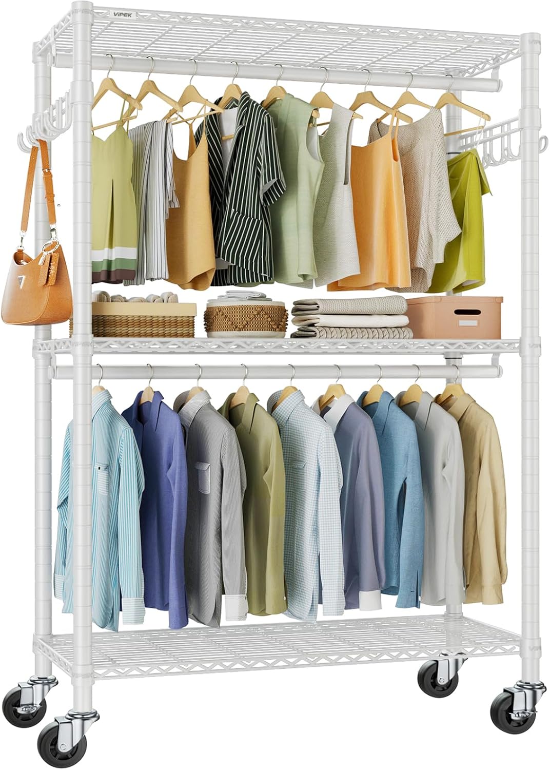 VIPEK R2 Plus Heavy Duty Rolling Garment Rack 3 Tiers Adjustable Wire Shelving Clothes Rack with Double Rods and Side Hooks, Freestanding Wardrobe Storage Rack Metal Clothing Rack, Black