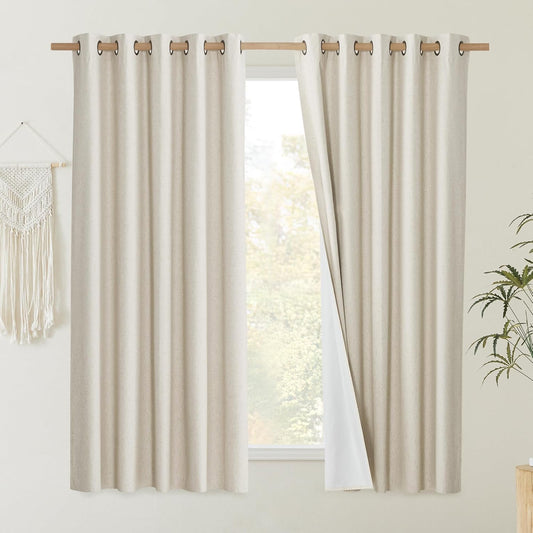 NICETOWN Natural 100% Blackout Short Curtains 63 inches Lenghth Burg for Kitchen, 2 Panels, Burlap Linen Drapes with Thermal Insulated White Liner, Keeping Out Cold Air and Heat Panels
