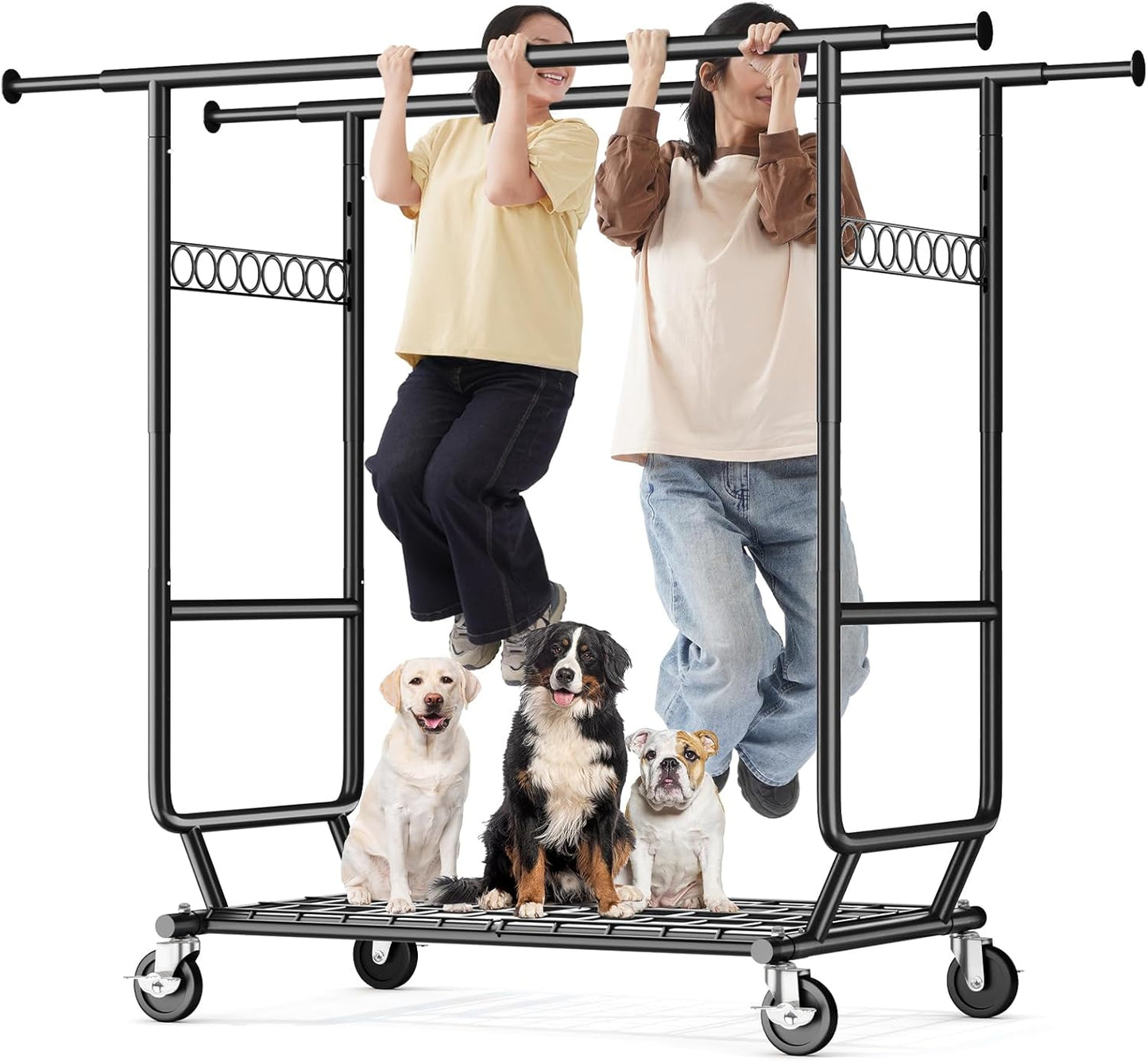 HOKEEPER Clothes Rack Heavy Duty Clothing Rack Load 650 LBS Collapsible Garment Rack with Wheels Double Rod Clothes Rack for Hanging Clothes Commercial Portable Closet Rack with Shelves 22"D*75"W*68"H