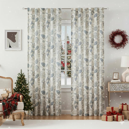 Kayne Studio Backtab Rod Pocket Jacobean Floral Semi Sheer Curtains Boho Botanical Leaf Printed Vintage Farmhouse Blue Grey Light Filtering Window Treatment Sets Living Room Bedroom,52"x84",2 Panels