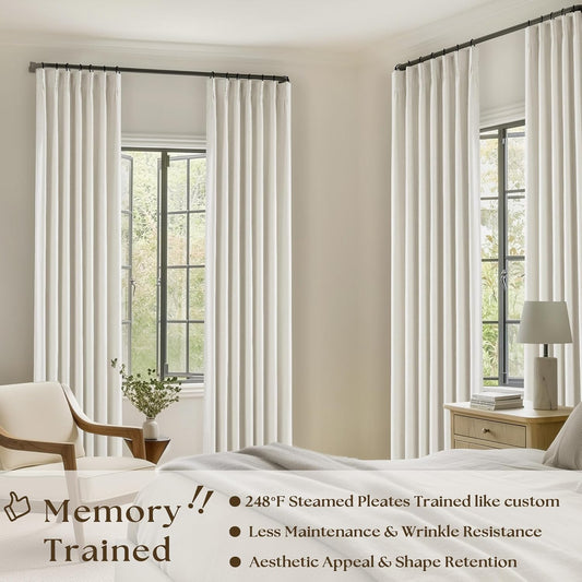 Cream Short Linen Curtains for Small Window 2 Panel Set Kitchen Curtains 45 Inch Length Pinch Pleated Back Tab 100% Blackout Natural Linen Room Darkening Thermal Insulated Drapes for Cafe Bathroom