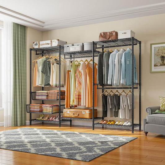 VIPEK V10 Garment Rack Large Size Heavy Duty Clothes Rack with Hanging Rods, Adjustable Shelves & 2 Slid Storage Baskets, Wire Clothing Rack 68.9" W x 15.7" D x 76.4" H, Max Load 920 LBS, Black
