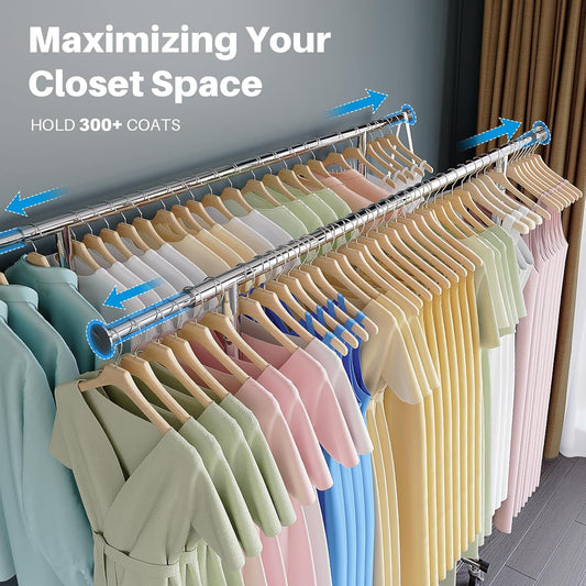 HOKEEPER Clothes Rack Heavy Duty Clothing Rack Load 650 LBS Collapsible Garment Rack with Wheels Double Rod Clothes Rack for Hanging Clothes Commercial Portable Closet Rack with Shelves 22"D*75"W*68"H