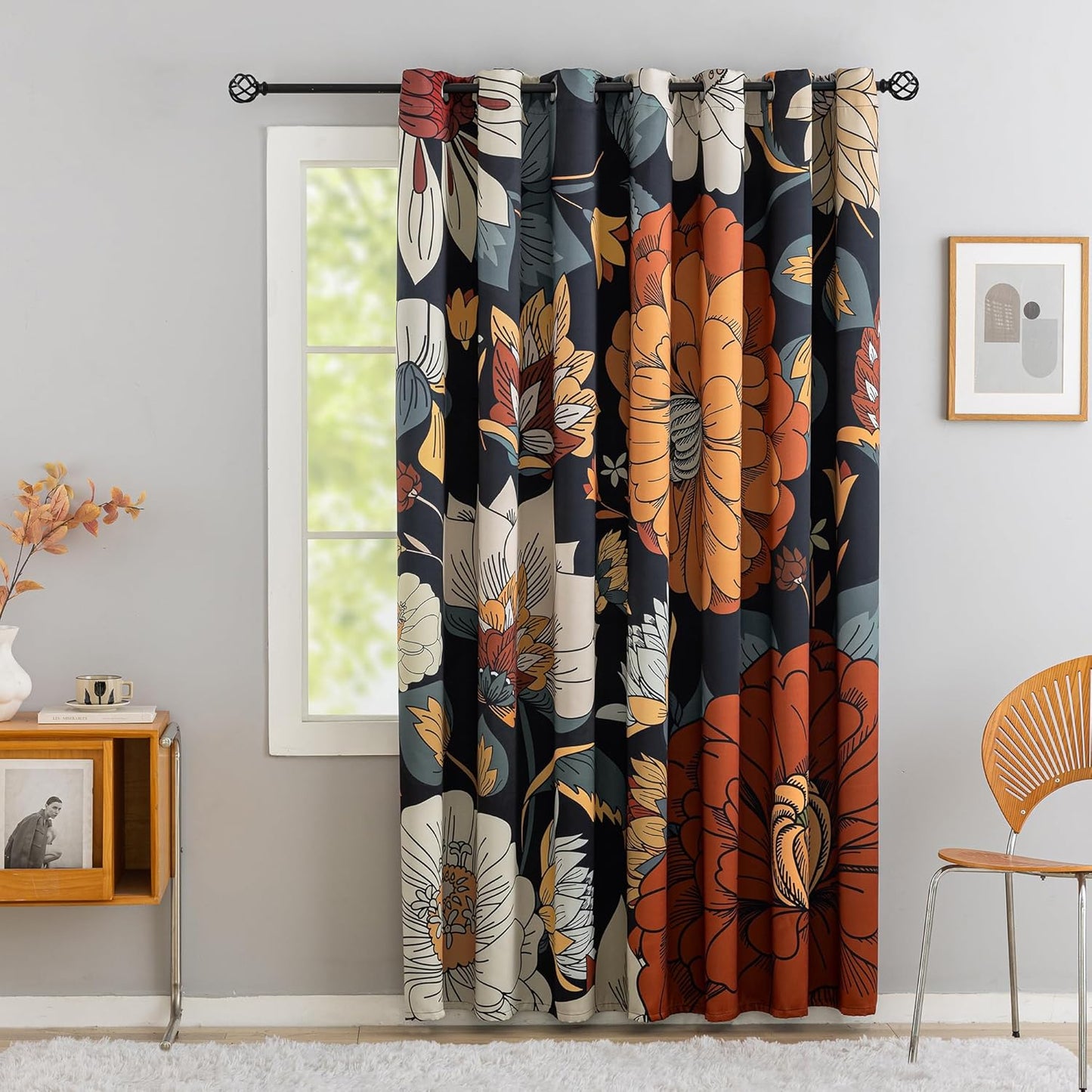 Black Boho Floral 100% Blackout Curtains for Bedroom 84 inch Long 2 Panels Mid Century Botanical Black Out Curtains for Living Room Grommet Thermal Insulated Room Darkening Window Drapes,52Wx84L