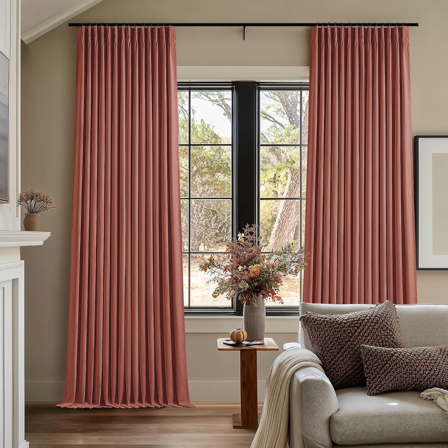 Cream Short Linen Curtains for Small Window 2 Panel Set Kitchen Curtains 45 Inch Length Pinch Pleated Back Tab 100% Blackout Natural Linen Room Darkening Thermal Insulated Drapes for Cafe Bathroom