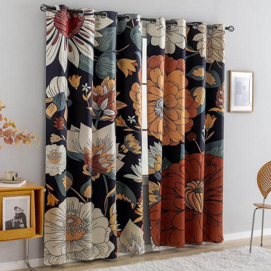 Black Boho Floral 100% Blackout Curtains for Bedroom 84 inch Long 2 Panels Mid Century Botanical Black Out Curtains for Living Room Grommet Thermal Insulated Room Darkening Window Drapes,52Wx84L