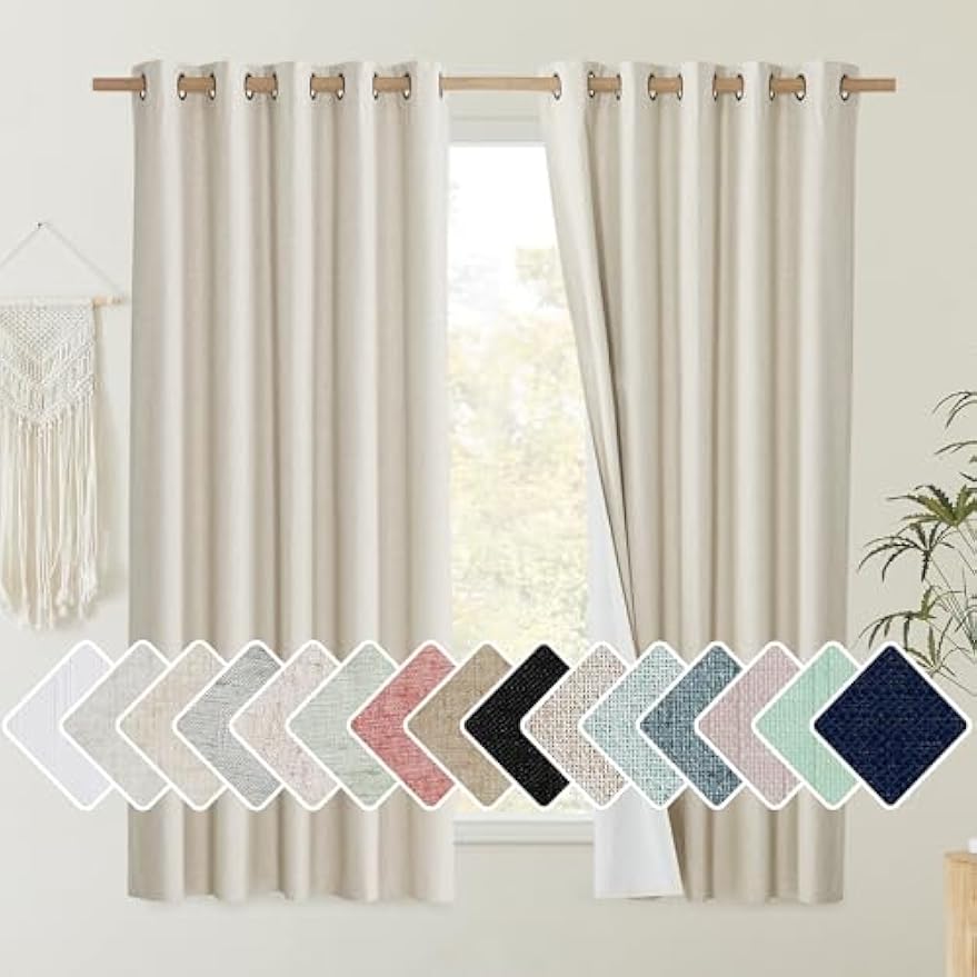 NICETOWN Natural 100% Blackout Short Curtains 63 inches Lenghth Burg for Kitchen, 2 Panels, Burlap Linen Drapes with Thermal Insulated White Liner, Keeping Out Cold Air and Heat Panels