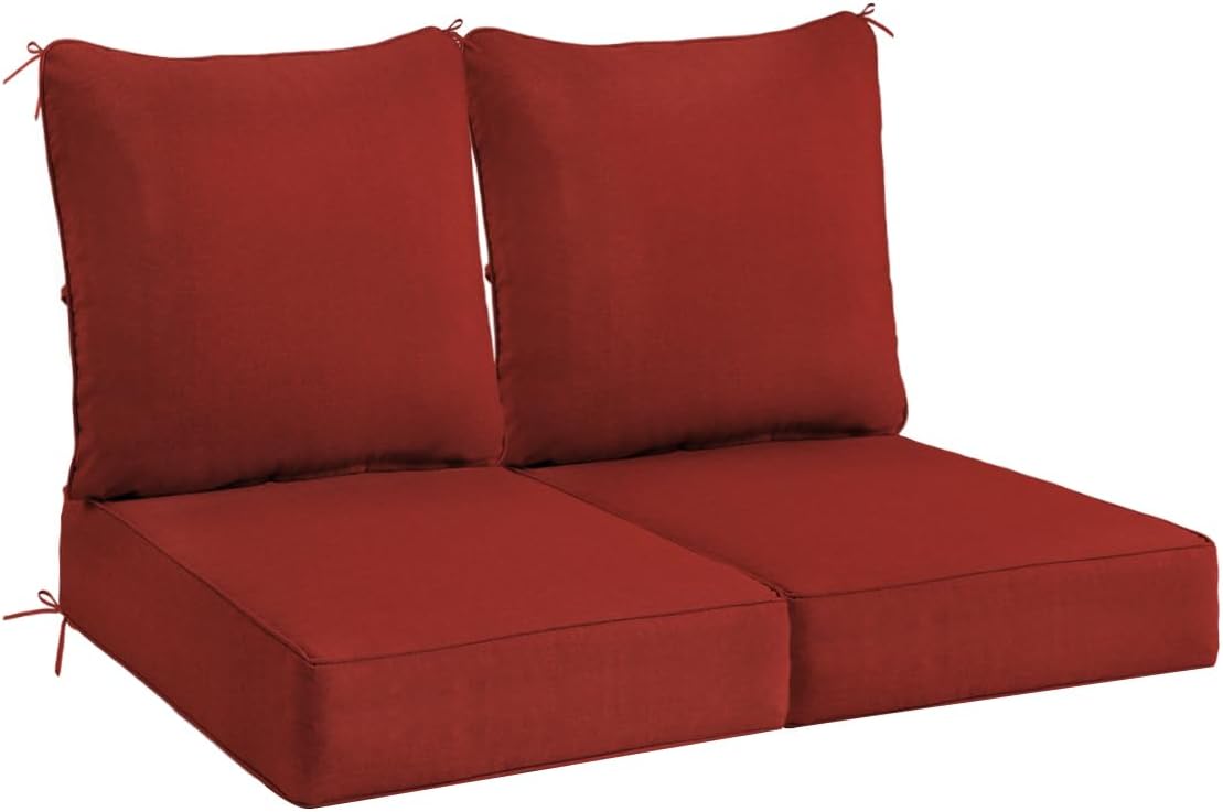 Sundale Outdoor Olefin Deep Seat Cushion Set of 2, Patio Chair Cushion and Pillow, Water-Resistant Sectional Sofa Pad with Straps Red, 24 x 24 x 6 Inches