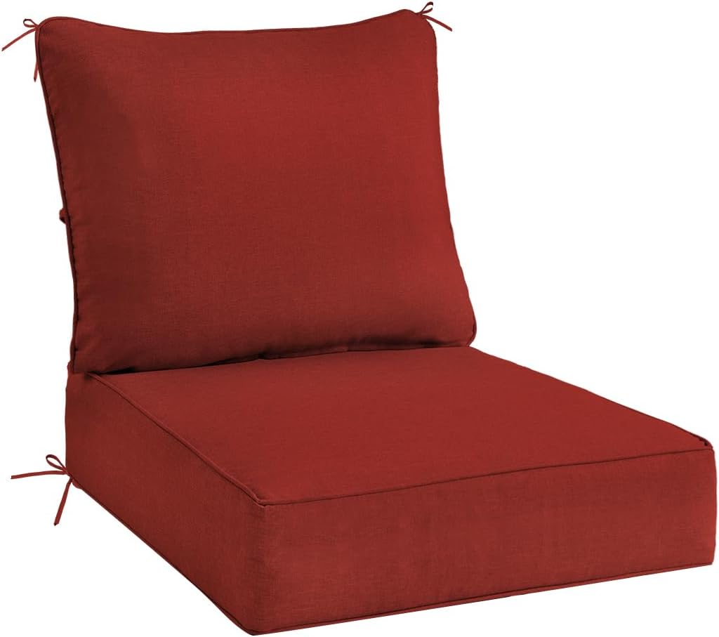 Sundale Outdoor Olefin Deep Seat Cushion Set of 2, Patio Chair Cushion and Pillow, Water-Resistant Sectional Sofa Pad with Straps Red, 24 x 24 x 6 Inches