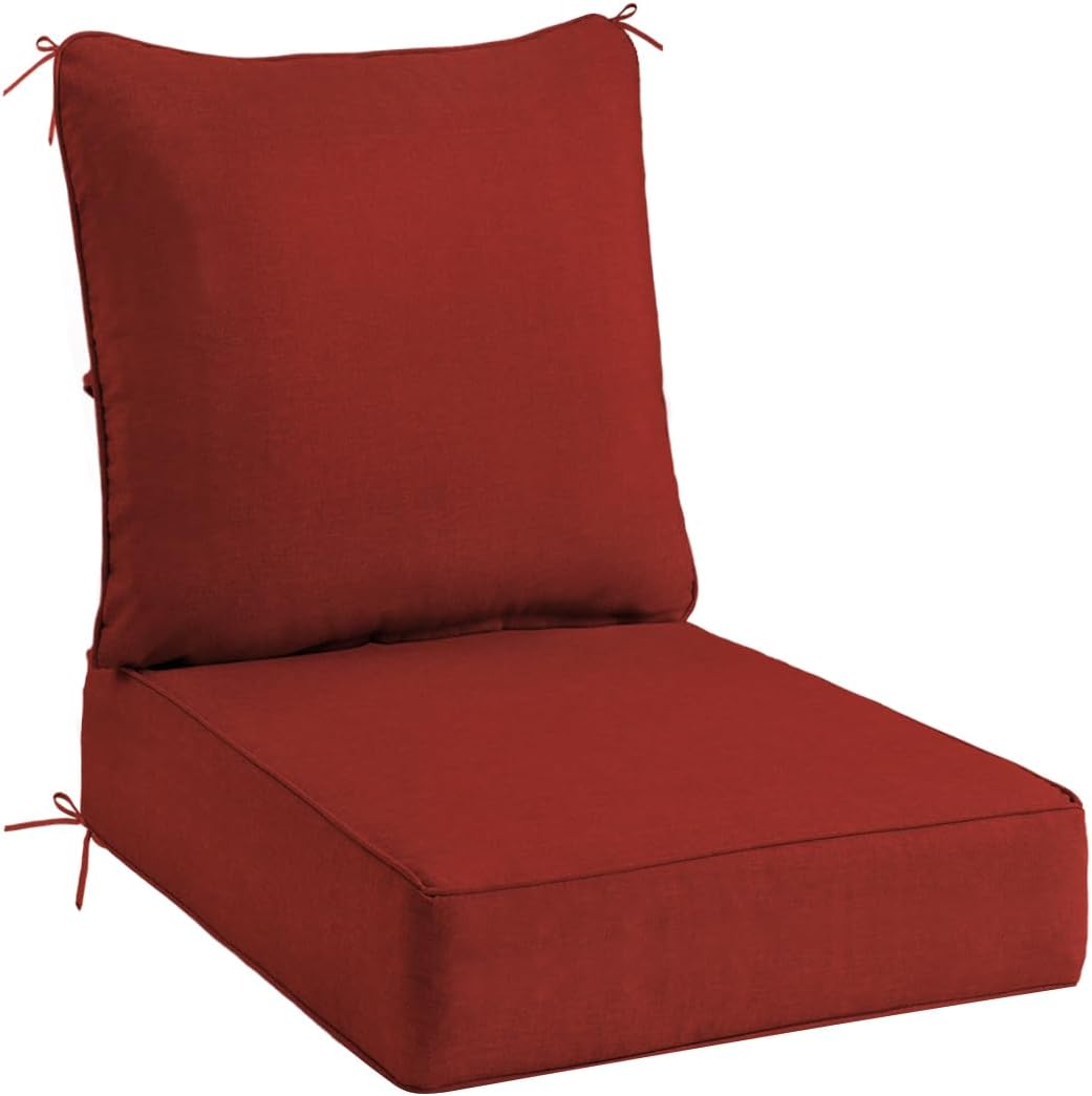 Sundale Outdoor Olefin Deep Seat Cushion Set of 2, Patio Chair Cushion and Pillow, Water-Resistant Sectional Sofa Pad with Straps Red, 24 x 24 x 6 Inches