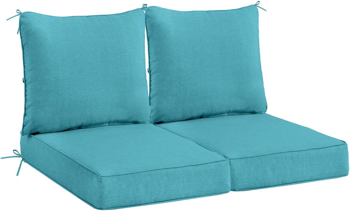 Sundale Outdoor Olefin Deep Seat Cushion Set of 2, Patio Chair Cushion and Pillow, Water-Resistant Sectional Sofa Pad with Straps Teal, 24 x 24 x 4 Inches