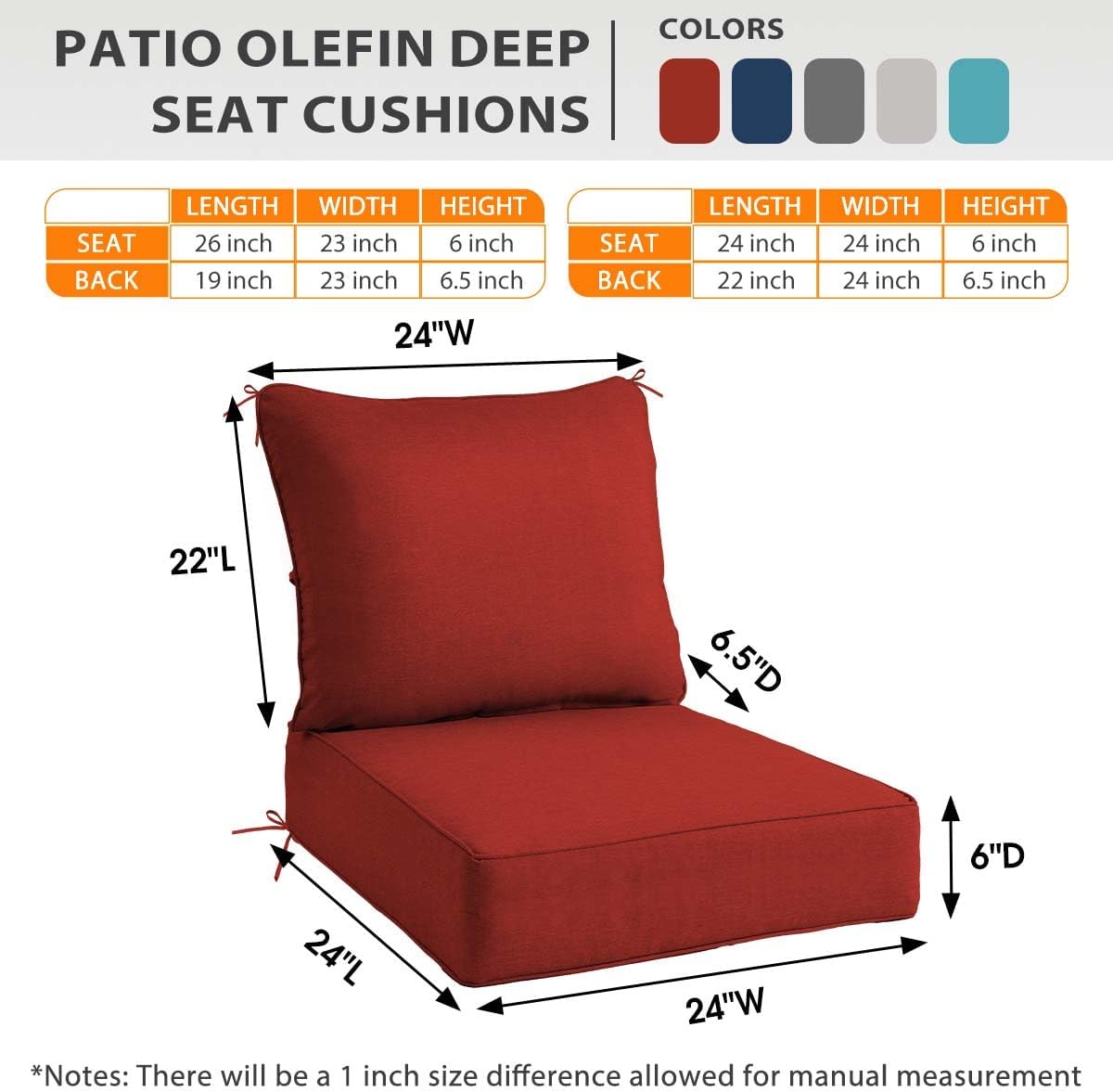 Sundale Outdoor Olefin Deep Seat Cushion Set of 2, Patio Chair Cushion and Pillow, Water-Resistant Sectional Sofa Pad with Straps Red, 24 x 24 x 6 Inches