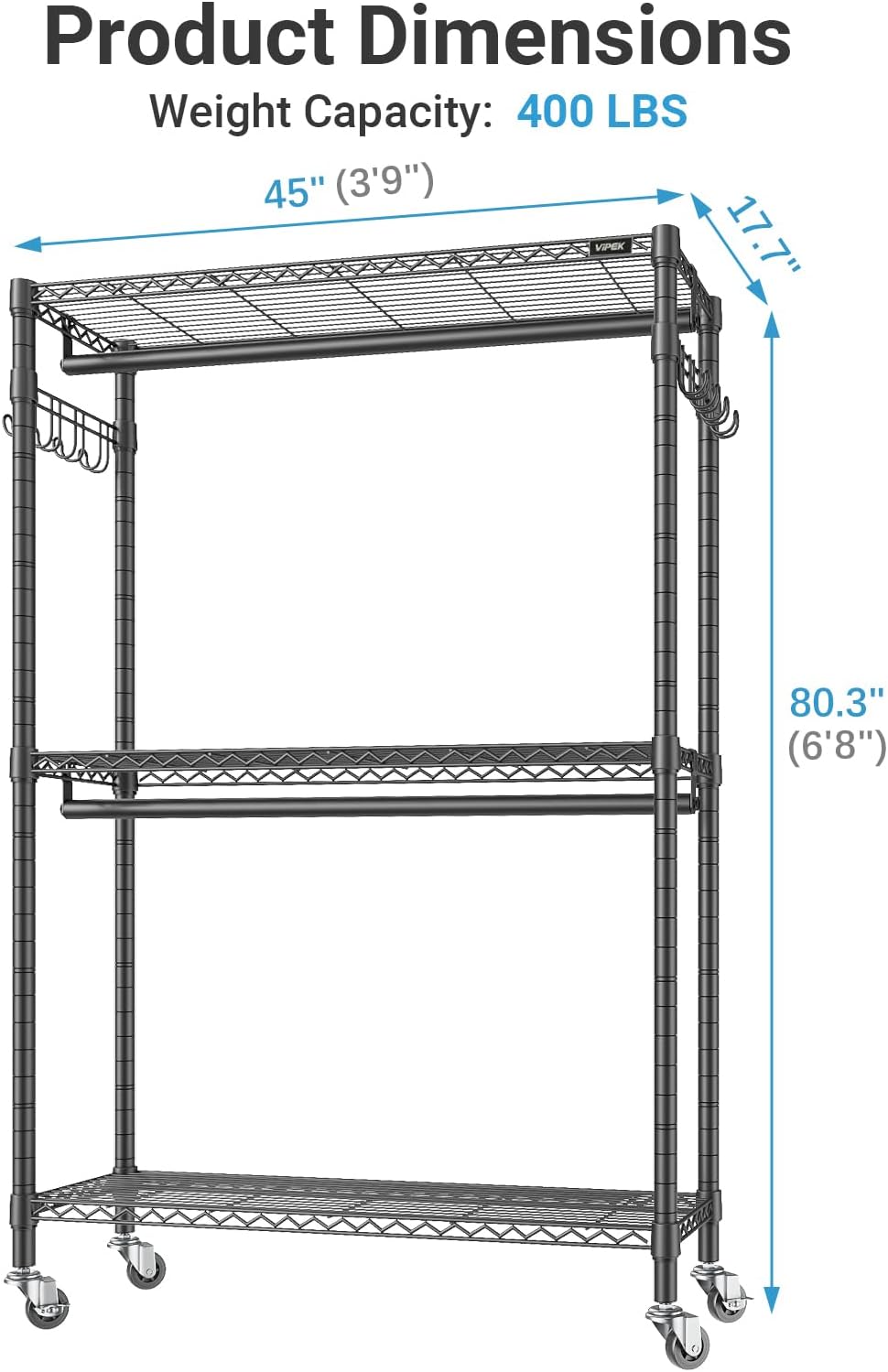 VIPEK R2 Plus Heavy Duty Rolling Garment Rack 3 Tiers Adjustable Wire Shelving Clothes Rack with Double Rods and Side Hooks, Freestanding Wardrobe Storage Rack Metal Clothing Rack, Black