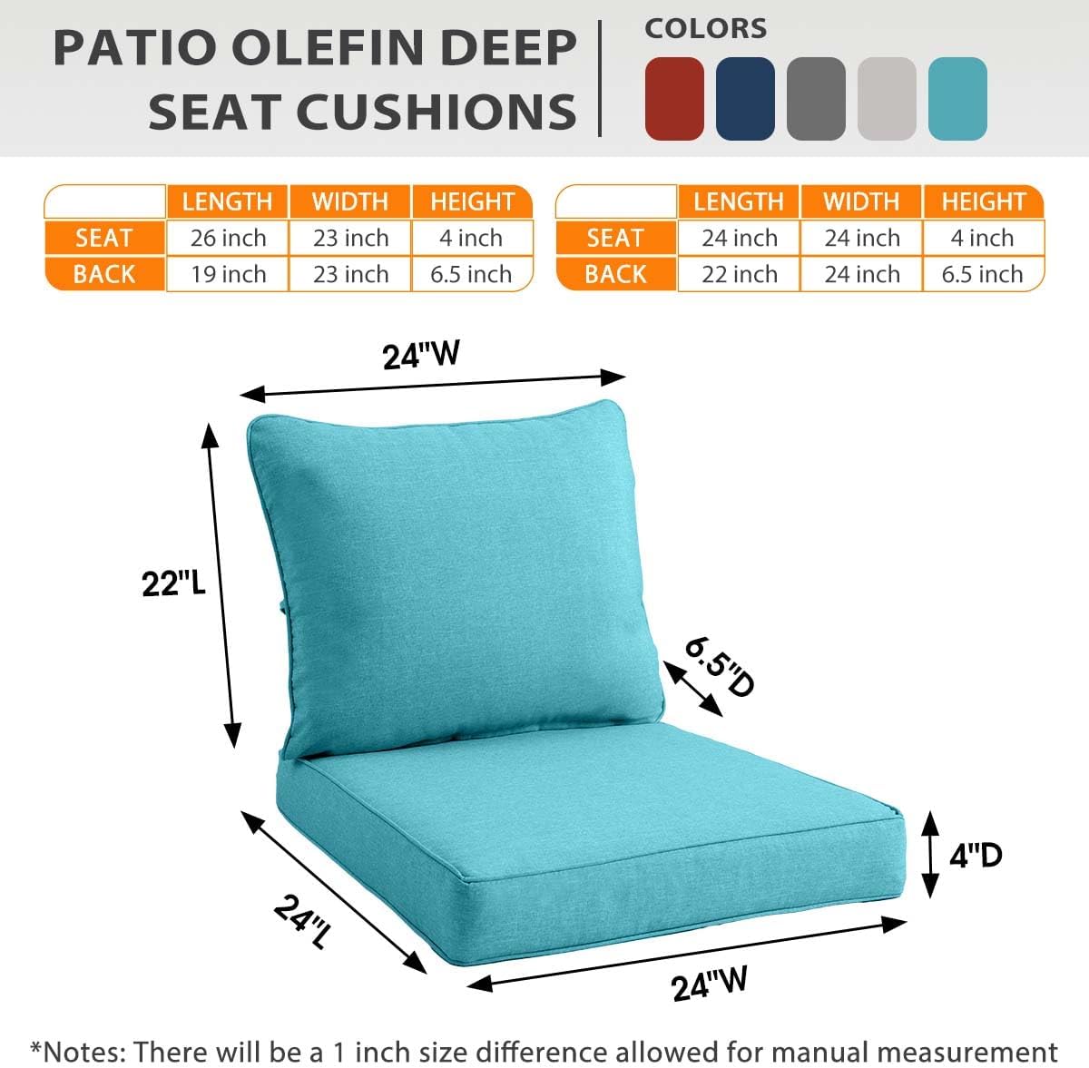 Sundale Outdoor Olefin Deep Seat Cushion Set of 2, Patio Chair Cushion and Pillow, Water-Resistant Sectional Sofa Pad with Straps Teal, 24 x 24 x 4 Inches