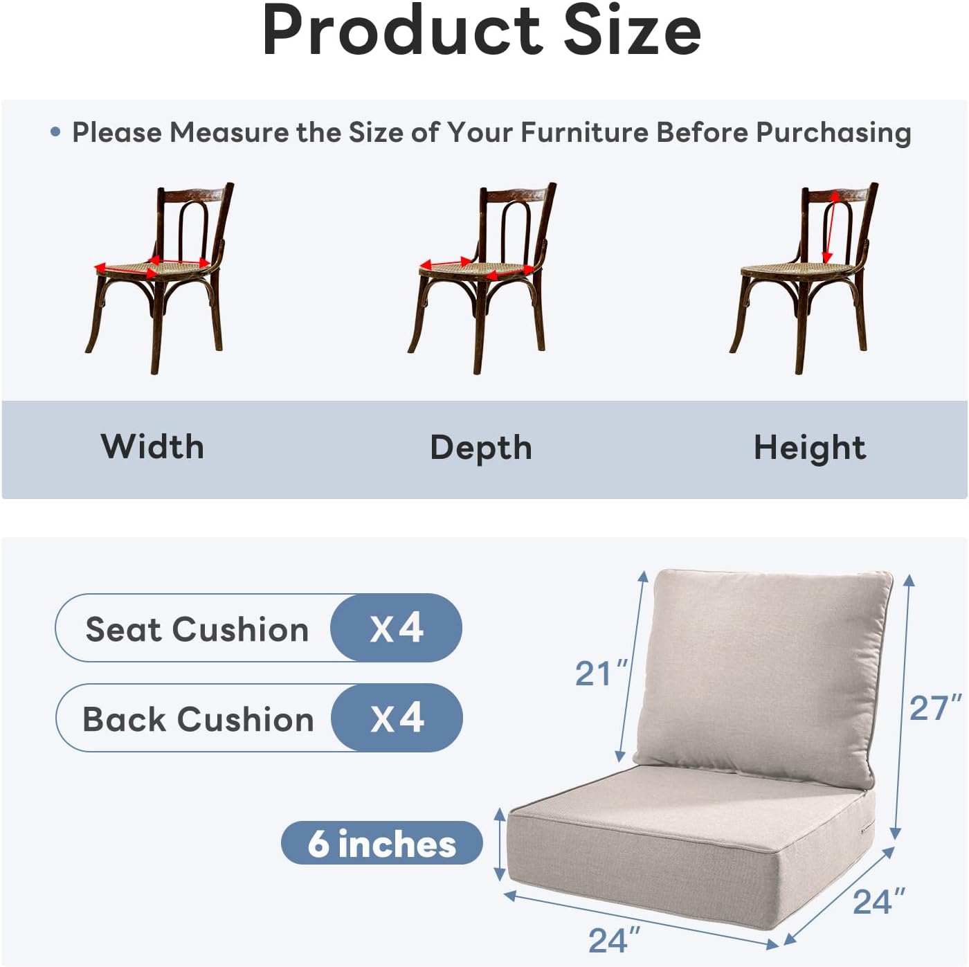 6" Thicker Outdoor Chair Cushion 4 Sets - 24" *24" *6" Waterproof Patio Furniture Cushions with Removable Cover, 28D High Density Sponge Filling Thicken Outdoor Patio Cushions - Beige