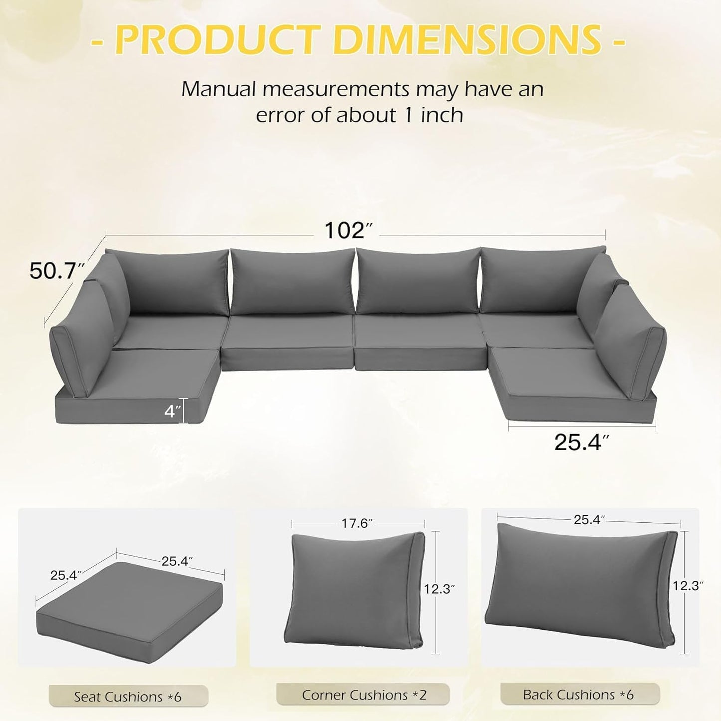 HOMREST Outdoor Replacement Cushions for Patio Furniture,Water-Repellent Sofa Cushion for 6-Seat Rattan Wicker Sectional Patio Conversation Sets,14-Piece Cushions Set for Outdoor Couch-Gray