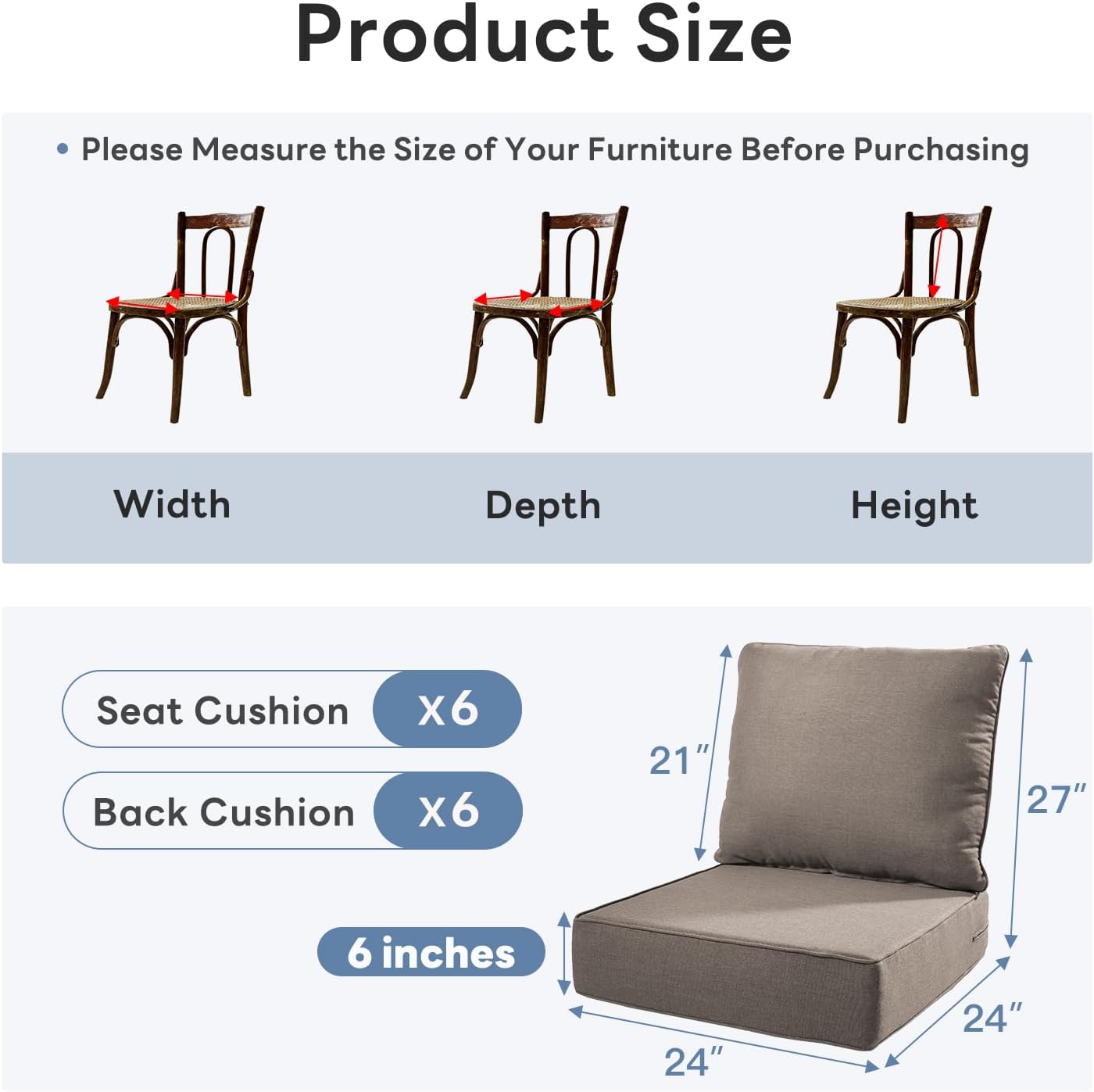 6" Thicker Outdoor Chair Cushion 6 Sets - 24" *24" *6" Waterproof Patio Furniture Cushions with Removable Cover, 28D High Density Sponge Filling Thicken Outdoor Patio Cushions - Grey