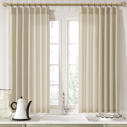 Memory Trained Shaped Linen Beige Curtains 54 Inches Pinch Pleated Short Curtain for Kitchen,Light Filtering Privacy Small Window Drapes with Back Tab and Hooks for Bay 40" x 54" - 2 Panels Set
