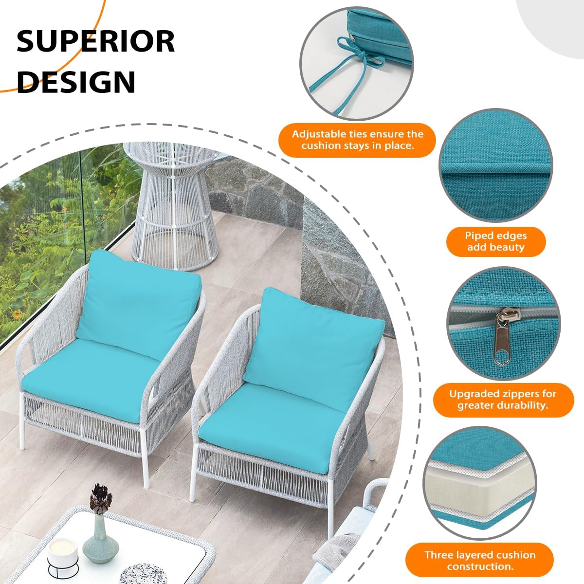 Sundale Outdoor Olefin Deep Seat Cushion Set of 2, Patio Chair Cushion and Pillow, Water-Resistant Sectional Sofa Pad with Straps Teal, 24 x 24 x 4 Inches