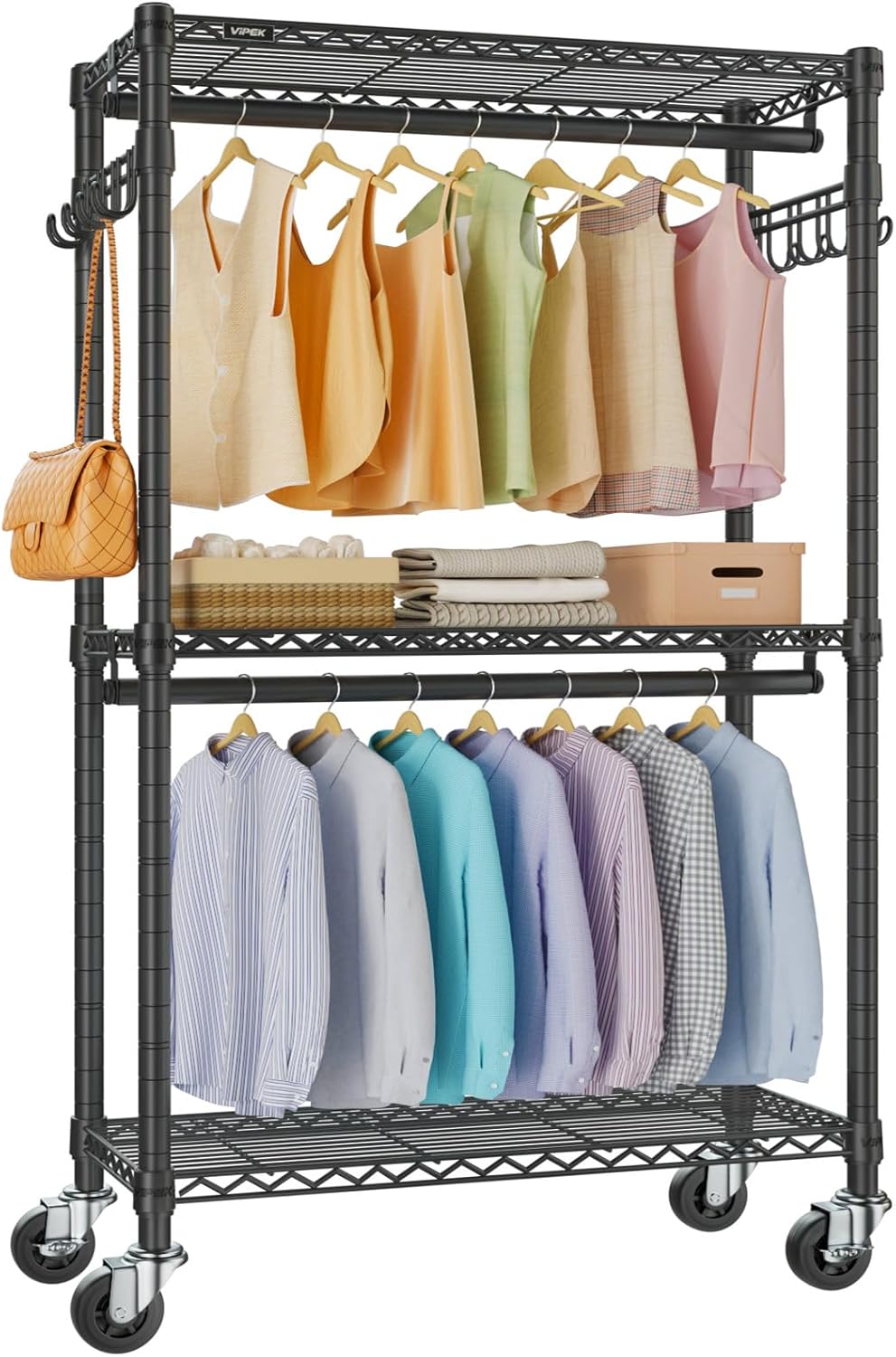 VIPEK R2 Plus Heavy Duty Rolling Garment Rack 3 Tiers Adjustable Wire Shelving Clothes Rack with Double Rods and Side Hooks, Freestanding Wardrobe Storage Rack Metal Clothing Rack, Black