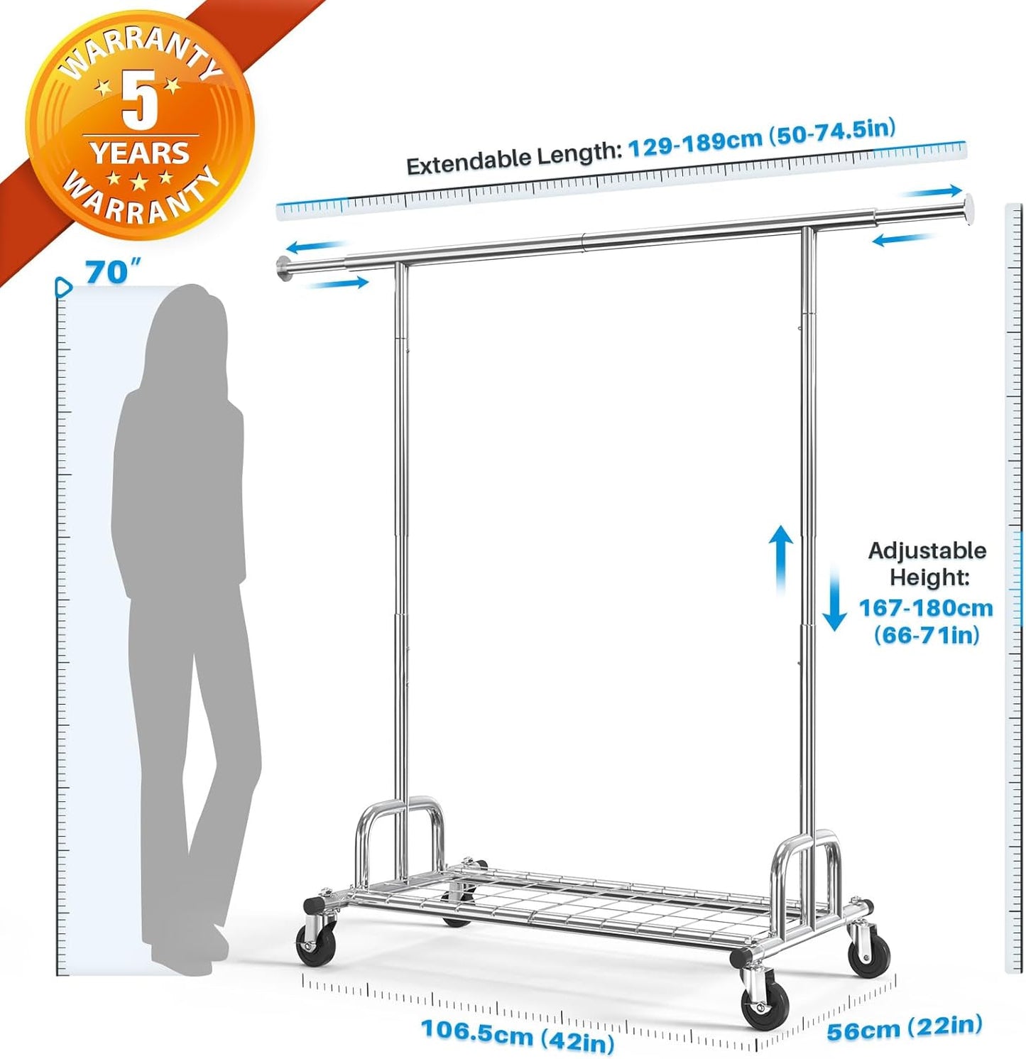 HOKEEPER Clothing Garment Rack Capacity 525LBS Clothing Racks on Wheels Rolling Clothes Rack for Hanging Clothes Heavy Duty Collapsible Commercial