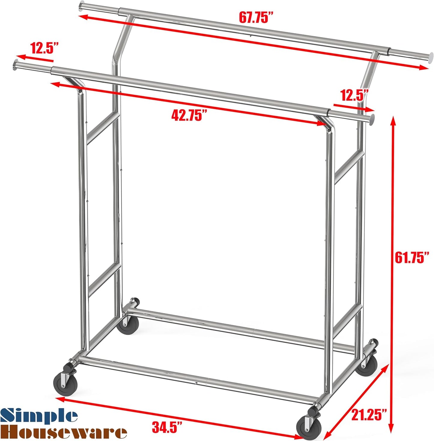 Simple Houseware Heavy Duty Double Rail Clothing Garment Rack, Holds Up to 200 lbs, 43 to 67 Inches Extendable Rod, Chrome