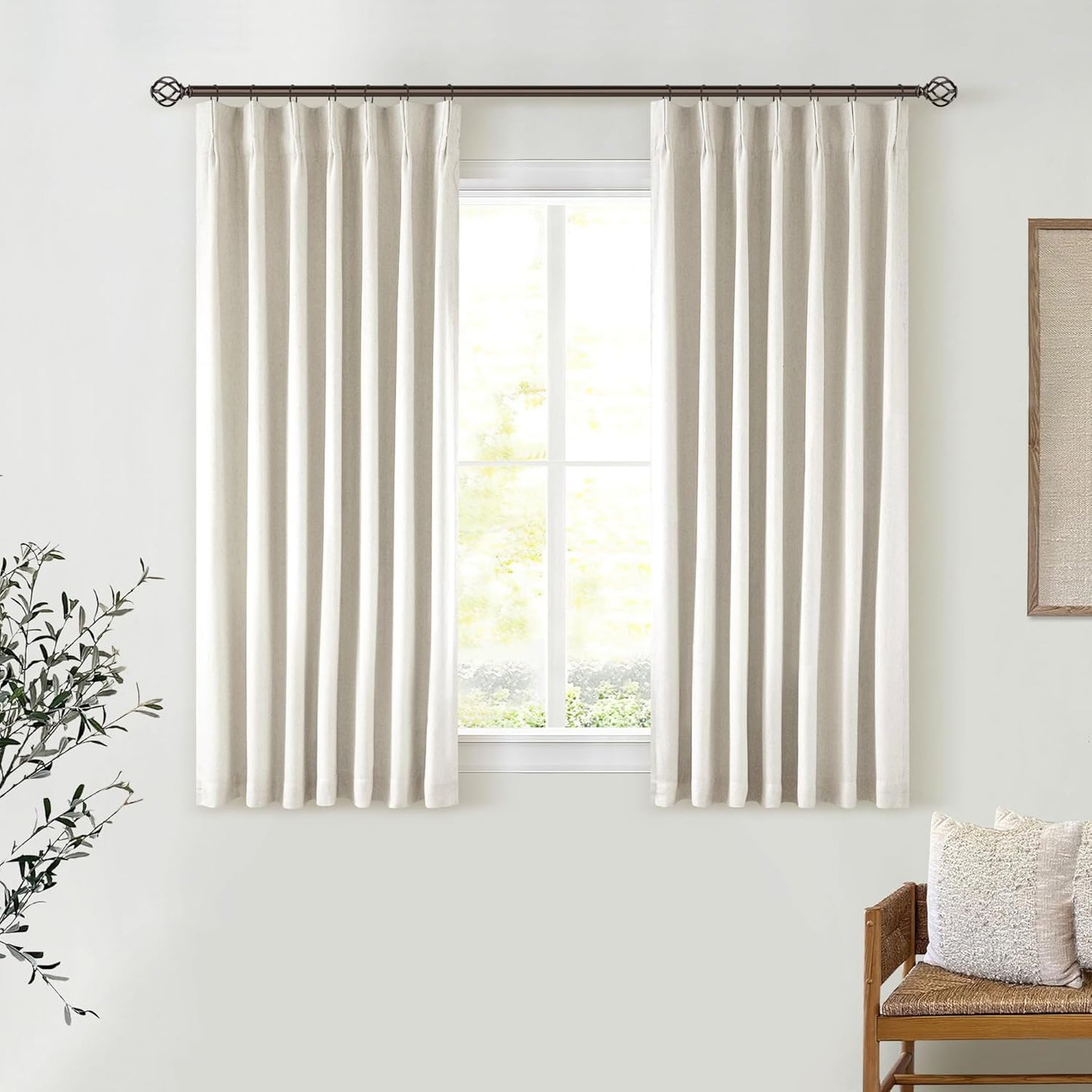 Cream Short Linen Curtains for Small Window 2 Panel Set Kitchen Curtains 45 Inch Length Pinch Pleated Back Tab 100% Blackout Natural Linen Room Darkening Thermal Insulated Drapes for Cafe Bathroom