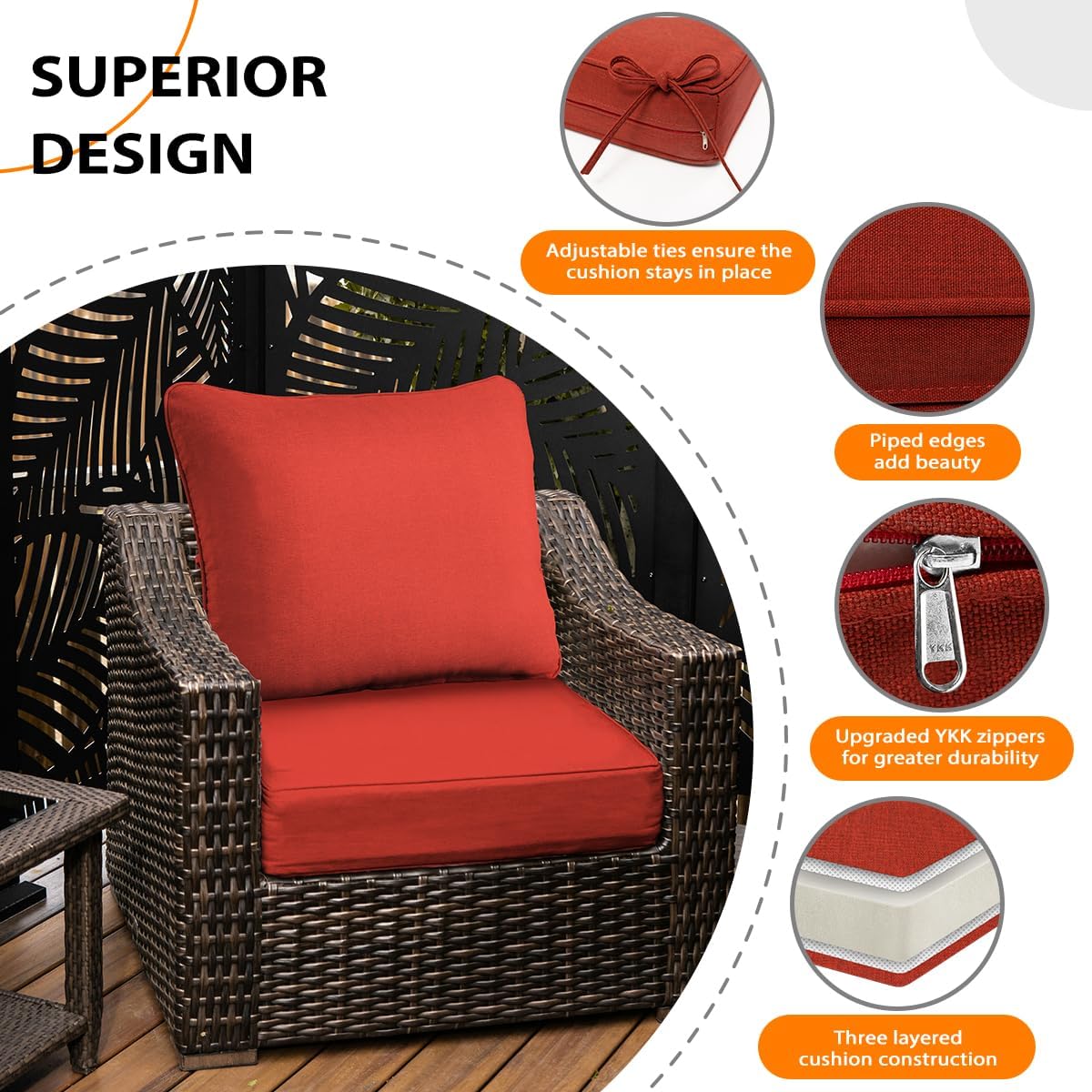 Sundale Outdoor Olefin Deep Seat Cushion Set of 2, Patio Chair Cushion and Pillow, Water-Resistant Sectional Sofa Pad with Straps Red, 24 x 24 x 6 Inches