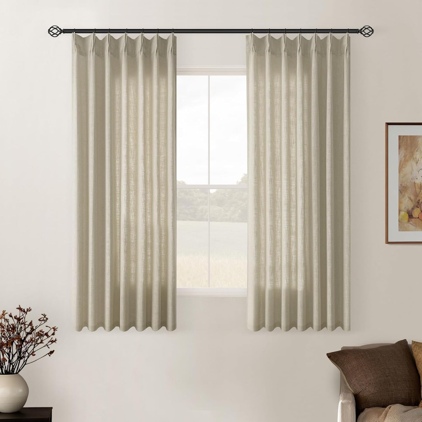 Natural Linen Kitchen Curtains 45 Inches Long 2 Sets Basement Curtains for Small Window Cream Ivory Pinch Pleated Back Tab Linen Blend Short Boho Semi Sheer Back Tab Drapes for Bay Windows 40x45