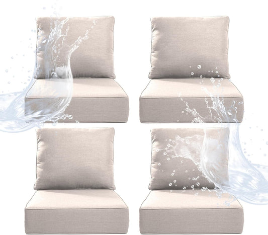 6" Thicker Outdoor Chair Cushion 4 Sets - 24" *24" *6" Waterproof Patio Furniture Cushions with Removable Cover, 28D High Density Sponge Filling Thicken Outdoor Patio Cushions - Beige