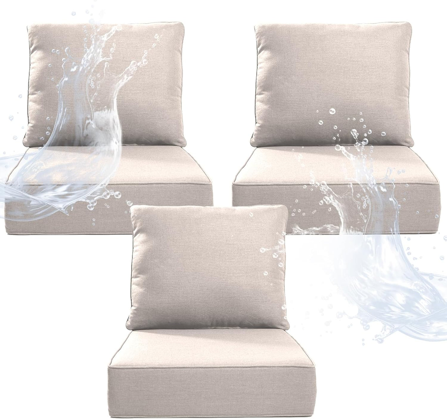 6" Thicker Outdoor Chair Cushion 4 Sets - 24" *24" *6" Waterproof Patio Furniture Cushions with Removable Cover, 28D High Density Sponge Filling Thicken Outdoor Patio Cushions - Beige