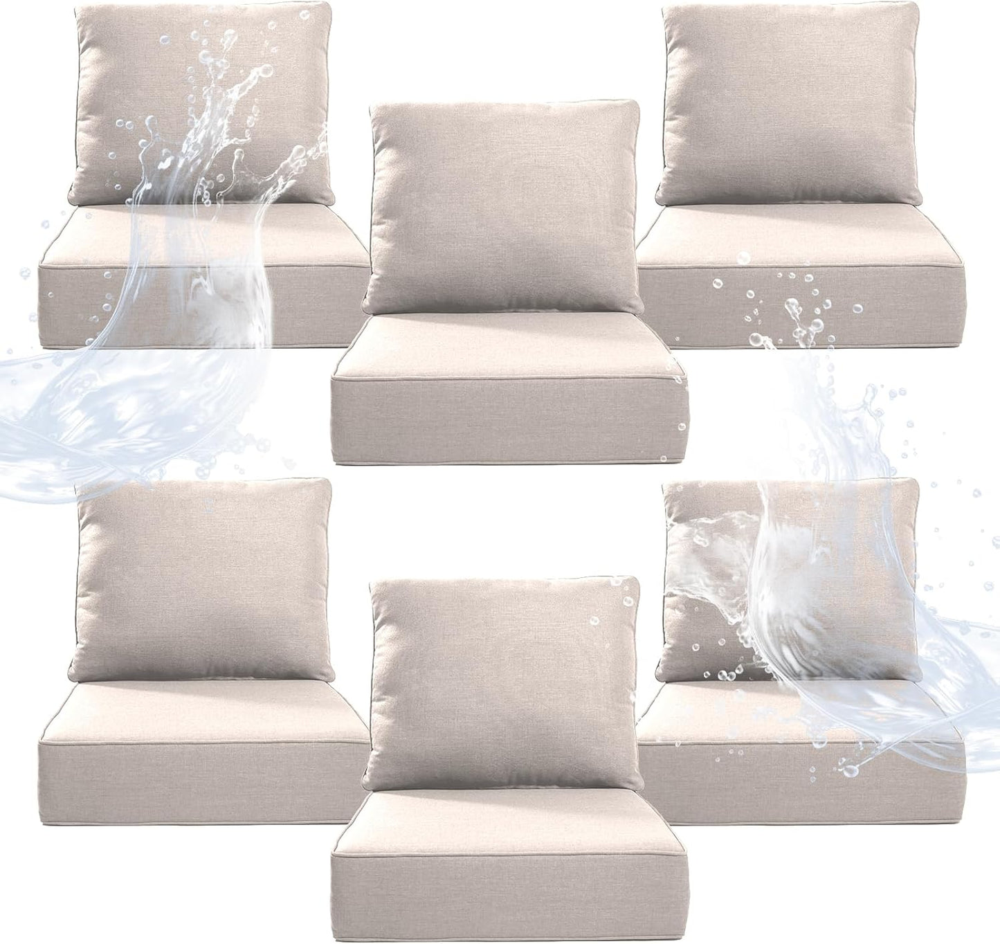 6" Thicker Outdoor Chair Cushion 4 Sets - 24" *24" *6" Waterproof Patio Furniture Cushions with Removable Cover, 28D High Density Sponge Filling Thicken Outdoor Patio Cushions - Beige