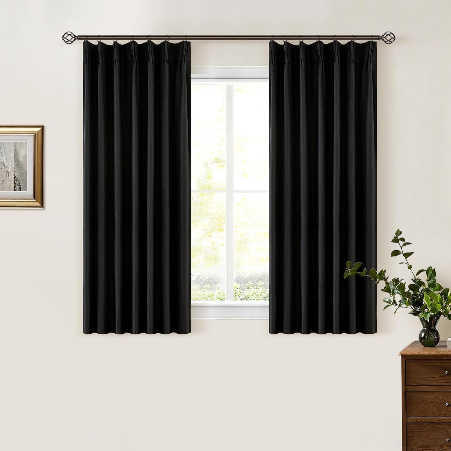 Cream Short Linen Curtains for Small Window 2 Panel Set Kitchen Curtains 45 Inch Length Pinch Pleated Back Tab 100% Blackout Natural Linen Room Darkening Thermal Insulated Drapes for Cafe Bathroom