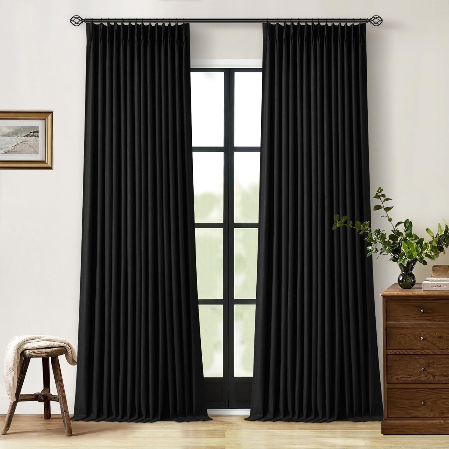 Cream Short Linen Curtains for Small Window 2 Panel Set Kitchen Curtains 45 Inch Length Pinch Pleated Back Tab 100% Blackout Natural Linen Room Darkening Thermal Insulated Drapes for Cafe Bathroom