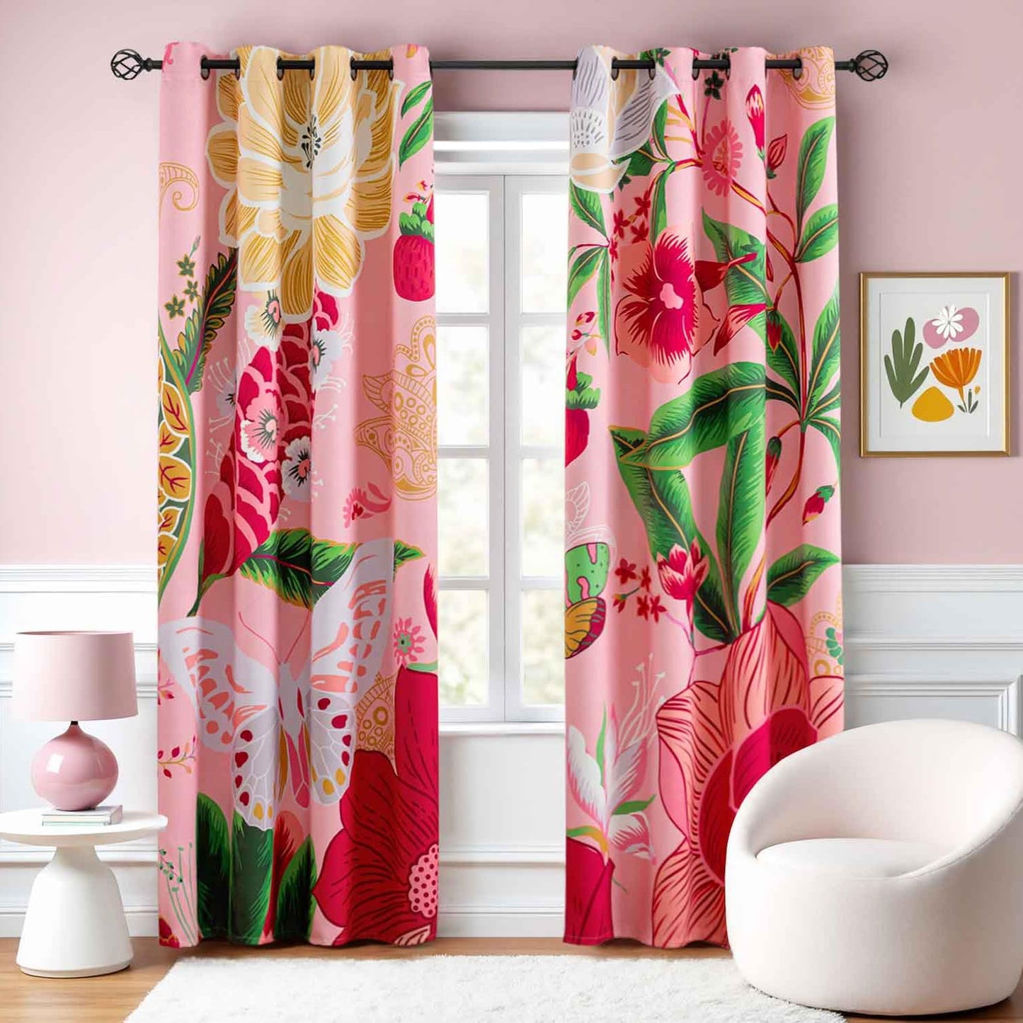 Black Boho Floral 100% Blackout Curtains for Bedroom 84 inch Long 2 Panels Mid Century Botanical Black Out Curtains for Living Room Grommet Thermal Insulated Room Darkening Window Drapes,52Wx84L