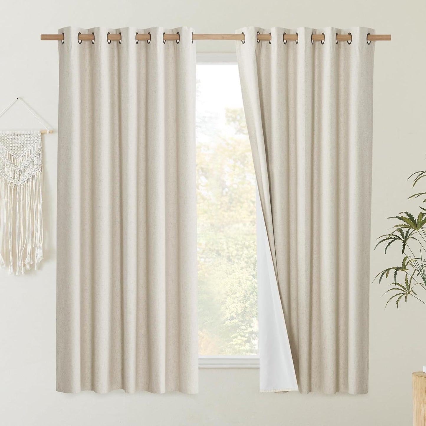 NICETOWN Natural 100% Blackout Short Curtains 63 inches Lenghth Burg for Kitchen, 2 Panels, Burlap Linen Drapes with Thermal Insulated White Liner, Keeping Out Cold Air and Heat Panels