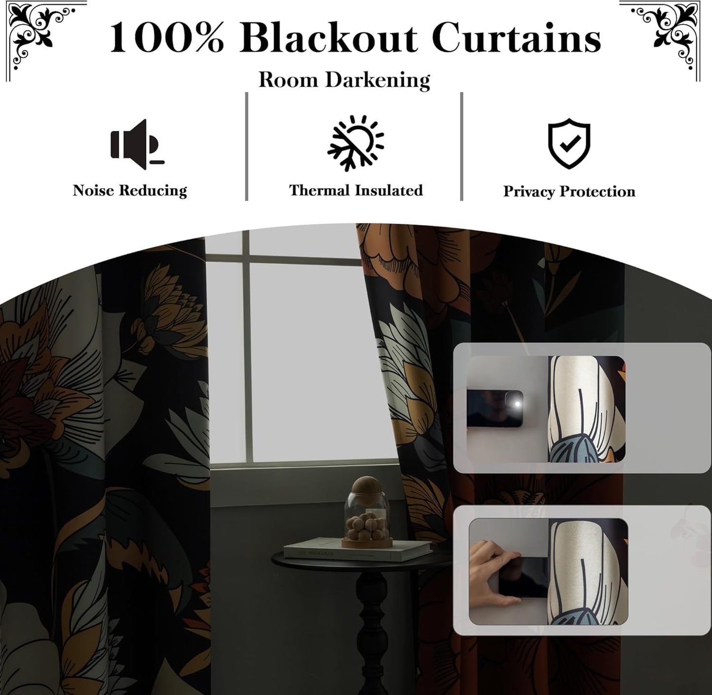 Black Boho Floral 100% Blackout Curtains for Bedroom 84 inch Long 2 Panels Mid Century Botanical Black Out Curtains for Living Room Grommet Thermal Insulated Room Darkening Window Drapes,52Wx84L