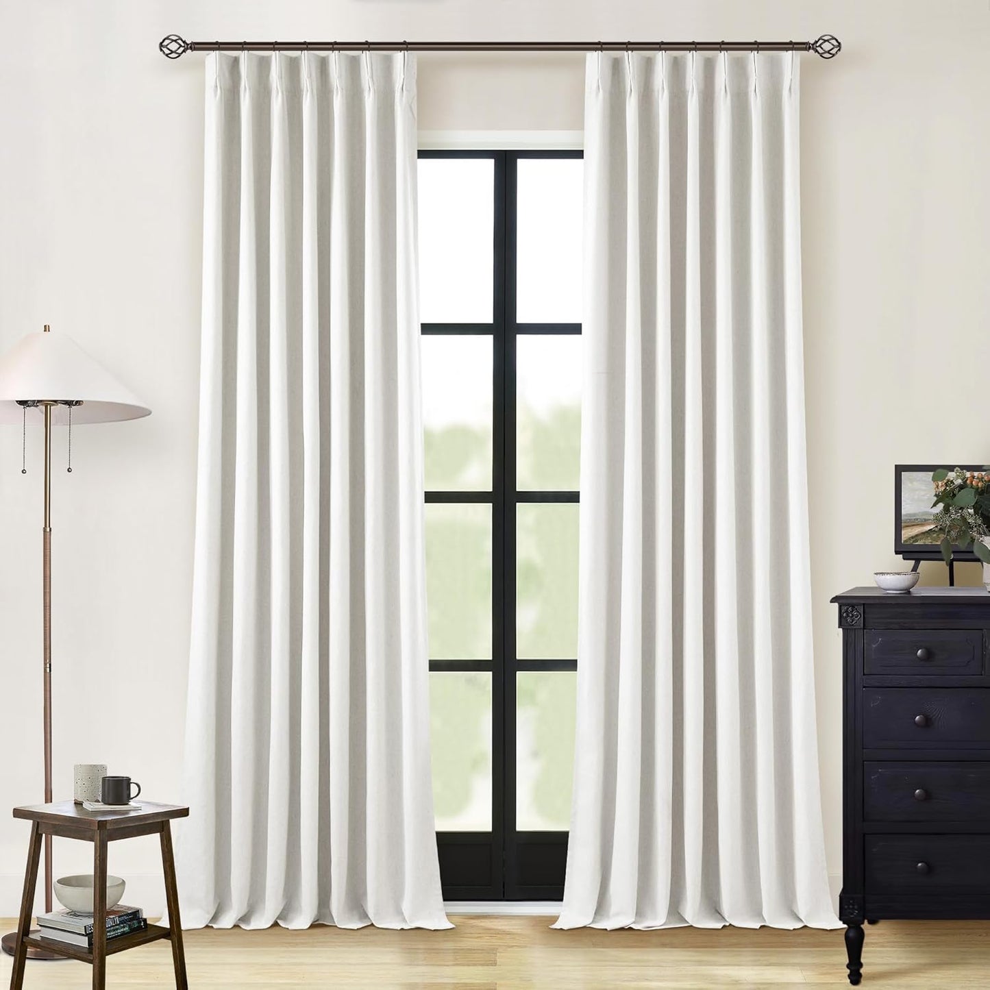 Cream Short Linen Curtains for Small Window 2 Panel Set Kitchen Curtains 45 Inch Length Pinch Pleated Back Tab 100% Blackout Natural Linen Room Darkening Thermal Insulated Drapes for Cafe Bathroom