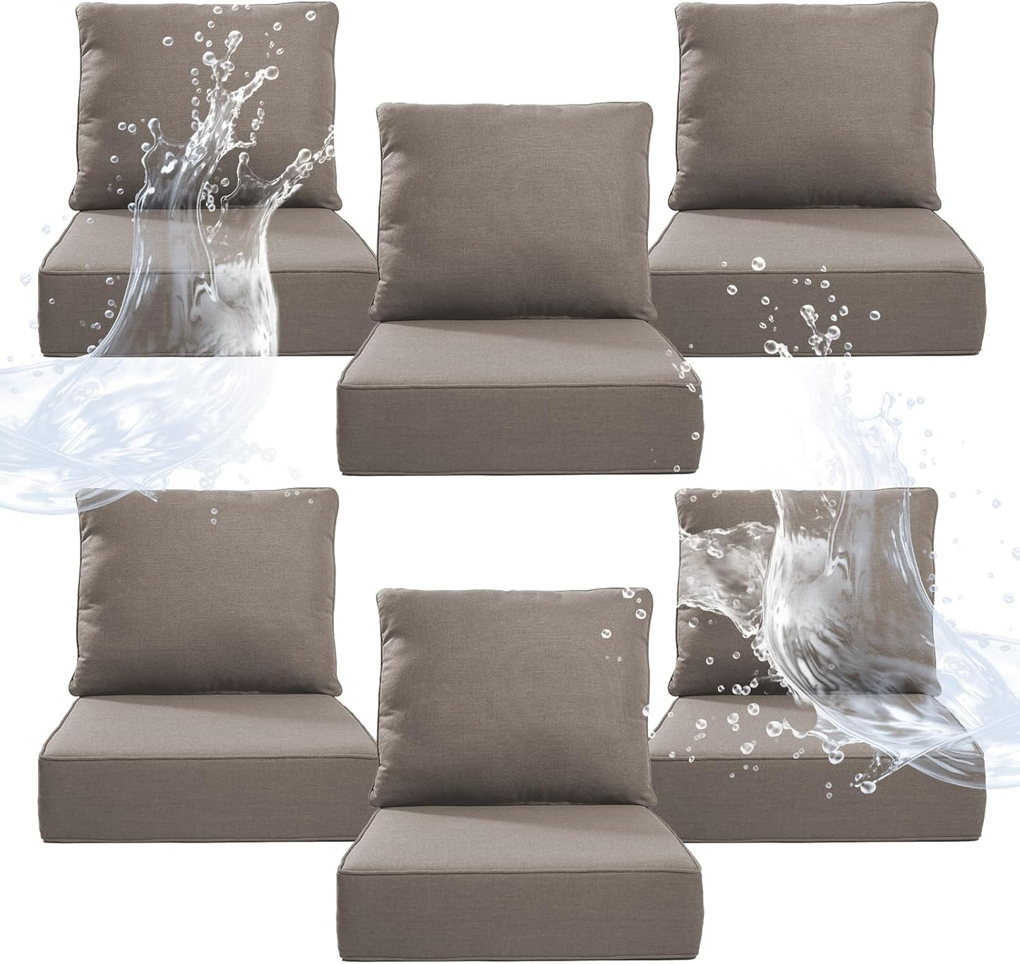6" Thicker Outdoor Chair Cushion 6 Sets - 24" *24" *6" Waterproof Patio Furniture Cushions with Removable Cover, 28D High Density Sponge Filling Thicken Outdoor Patio Cushions - Grey