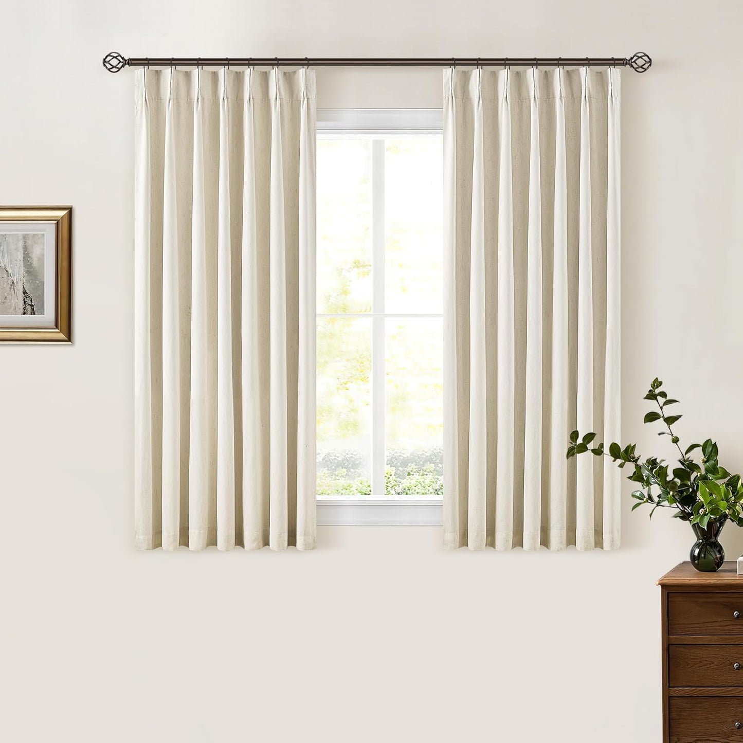 Cream Short Linen Curtains for Small Window 2 Panel Set Kitchen Curtains 45 Inch Length Pinch Pleated Back Tab 100% Blackout Natural Linen Room Darkening Thermal Insulated Drapes for Cafe Bathroom