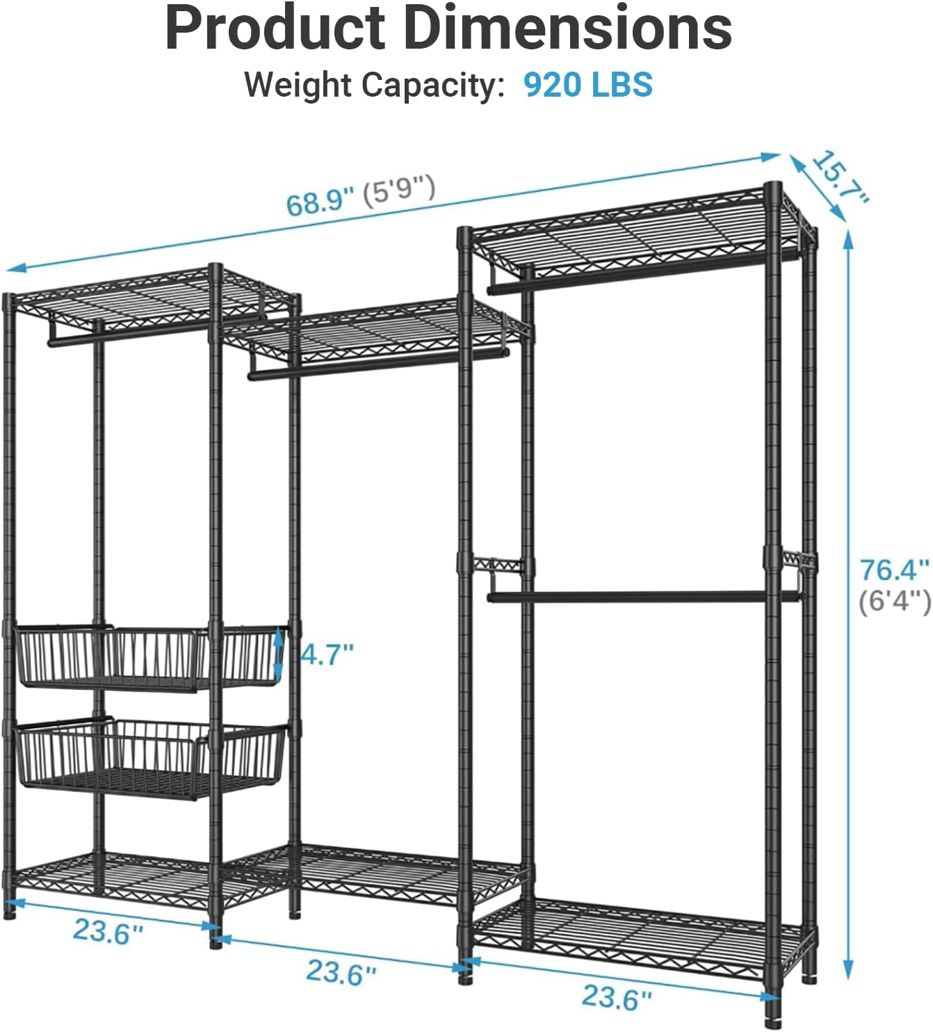 VIPEK V10 Garment Rack Large Size Heavy Duty Clothes Rack with Hanging Rods, Adjustable Shelves & 2 Slid Storage Baskets, Wire Clothing Rack 68.9" W x 15.7" D x 76.4" H, Max Load 920 LBS, Black