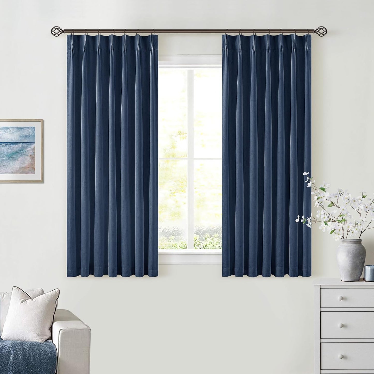 Cream Short Linen Curtains for Small Window 2 Panel Set Kitchen Curtains 45 Inch Length Pinch Pleated Back Tab 100% Blackout Natural Linen Room Darkening Thermal Insulated Drapes for Cafe Bathroom