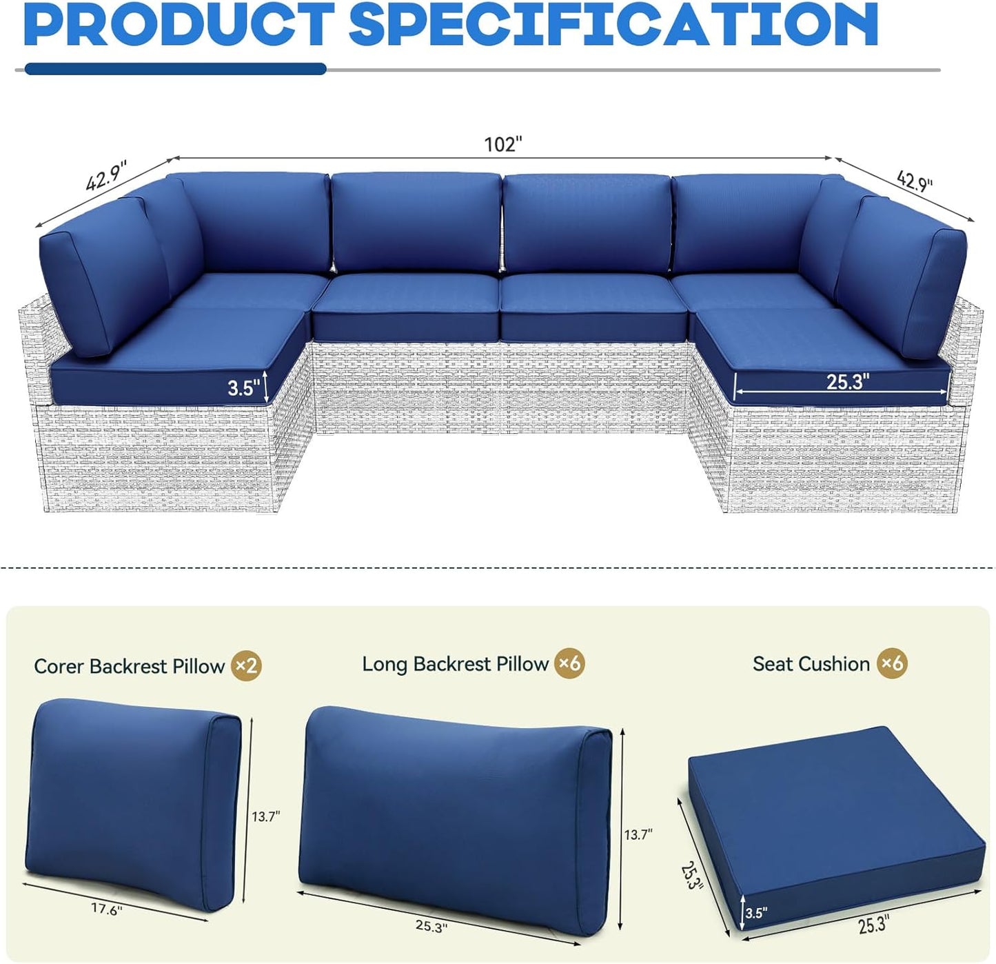 Outdoor Replacement Cushions for Patio Furniture,Water-Resistant Sofa Cushions for Rattan Wicker Sectional Patio Conversation Sets,14-Piece Outdoor Couch Cushion,Deep Blue