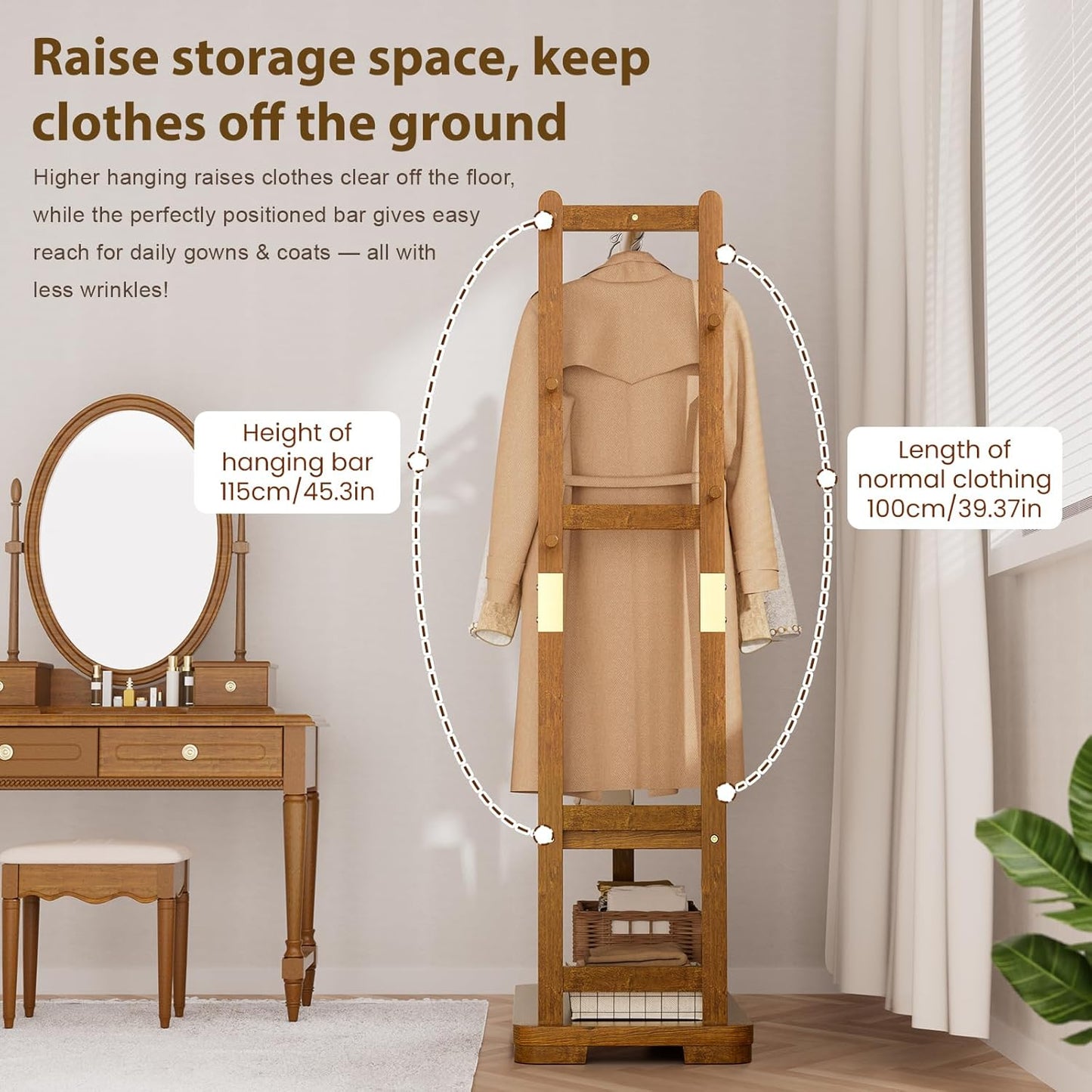 Solid Wood Clothes Rack with 2 Shelves & 4 Hooks for Hanging Clothes Garment Wallets Hats, Clothing Rack Heavy Duty Coat Rack Freestanding with Storage Hall Tree for Hallway Bedroom Living Room