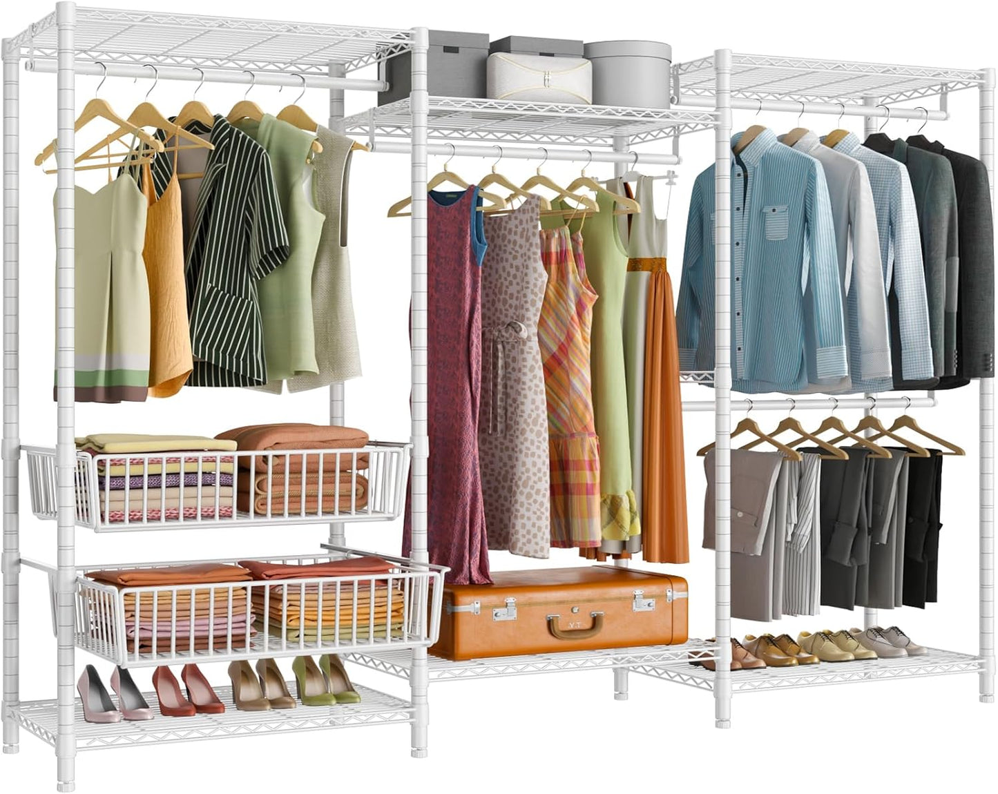 VIPEK V10 Garment Rack Large Size Heavy Duty Clothes Rack with Hanging Rods, Adjustable Shelves & 2 Slid Storage Baskets, Wire Clothing Rack 68.9" W x 15.7" D x 76.4" H, Max Load 920 LBS, Black