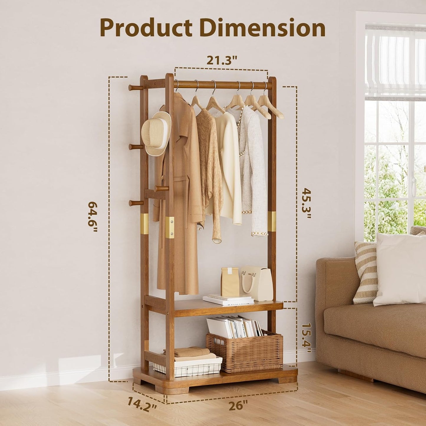 Solid Wood Clothes Rack with 2 Shelves & 4 Hooks for Hanging Clothes Garment Wallets Hats, Clothing Rack Heavy Duty Coat Rack Freestanding with Storage Hall Tree for Hallway Bedroom Living Room
