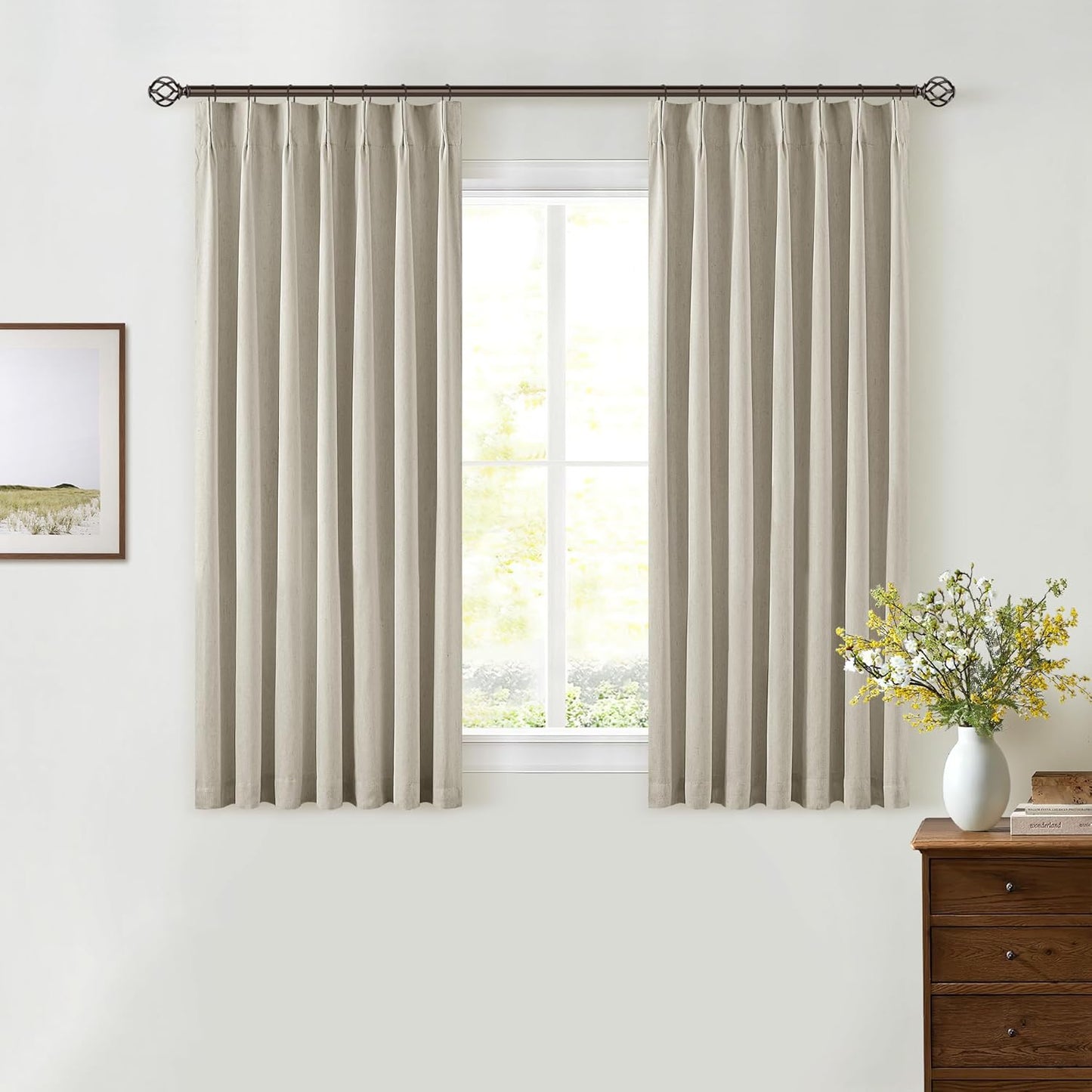 Cream Short Linen Curtains for Small Window 2 Panel Set Kitchen Curtains 45 Inch Length Pinch Pleated Back Tab 100% Blackout Natural Linen Room Darkening Thermal Insulated Drapes for Cafe Bathroom