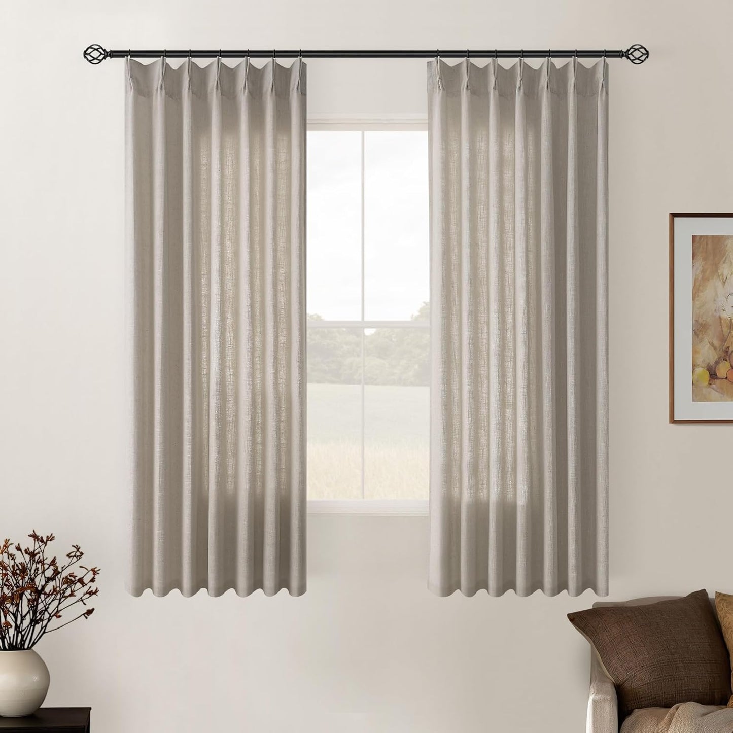 Natural Linen Kitchen Curtains 45 Inches Long 2 Sets Basement Curtains for Small Window Cream Ivory Pinch Pleated Back Tab Linen Blend Short Boho Semi Sheer Back Tab Drapes for Bay Windows 40x45