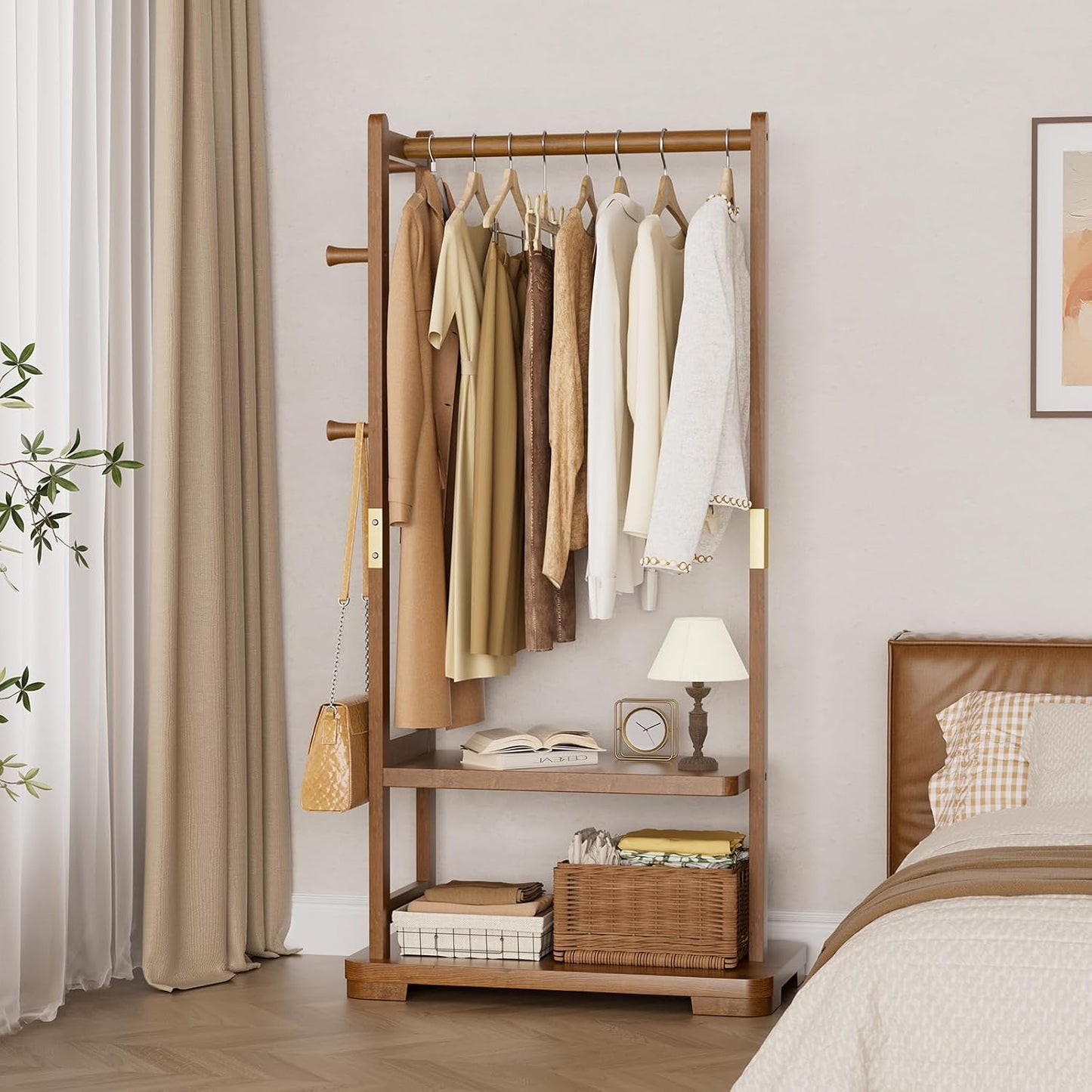 Solid Wood Clothes Rack with 2 Shelves & 4 Hooks for Hanging Clothes Garment Wallets Hats, Clothing Rack Heavy Duty Coat Rack Freestanding with Storage Hall Tree for Hallway Bedroom Living Room